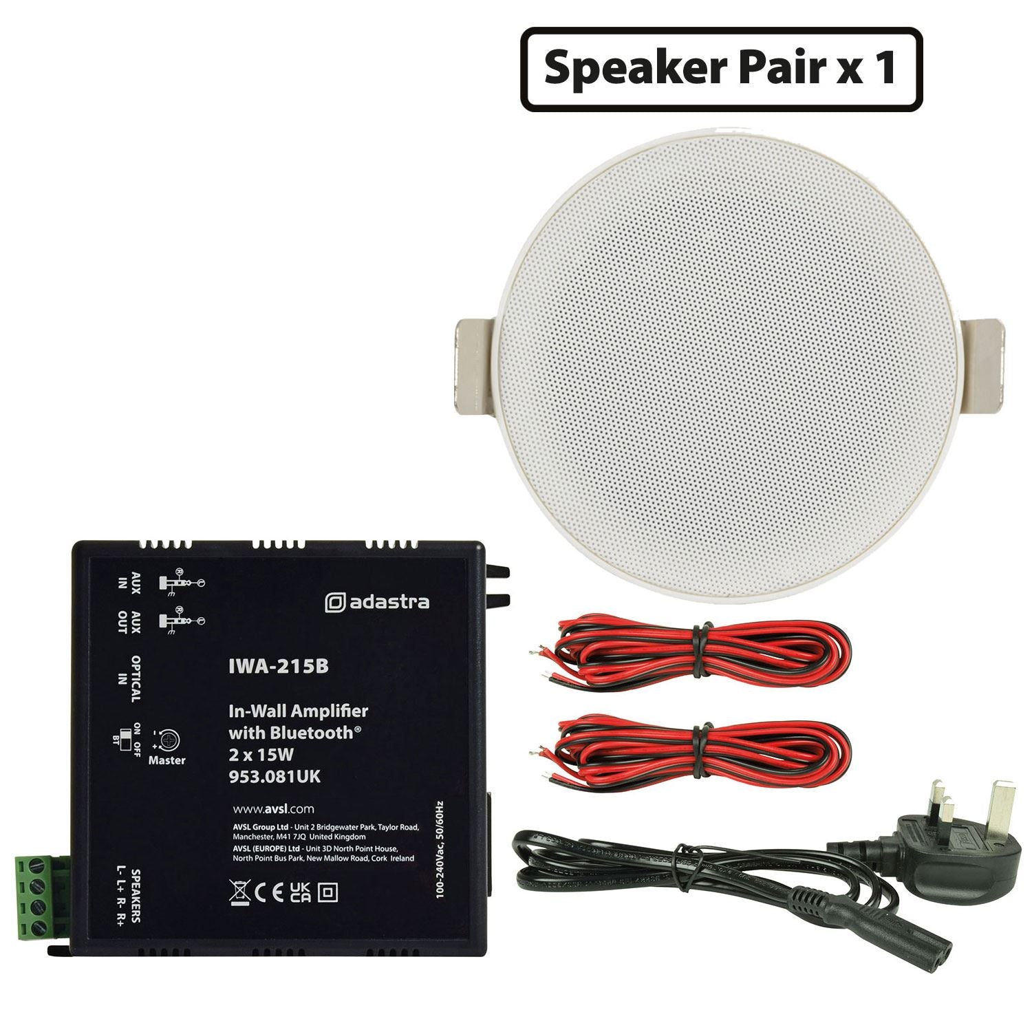 Adastra 30W Bluetooth In-Wall Amplifier & 2 x 15W Stereo Ceiling Speaker Kit