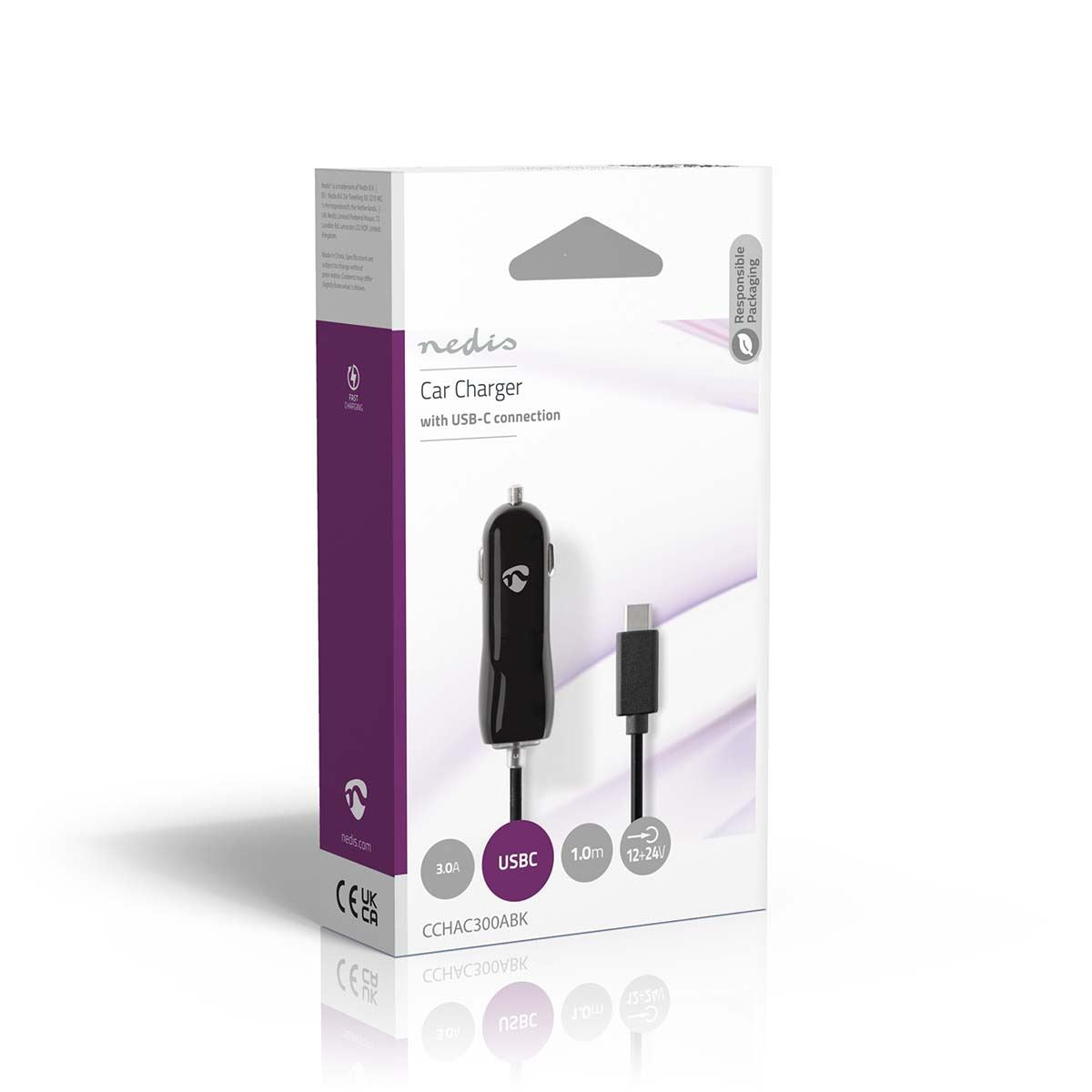 Nedis Car Charger | 15 W | 1x 3.0 A | Number of outputs: 1 | USB-C™ (Fixed) Cable | 1.00 m | Single Voltage Output