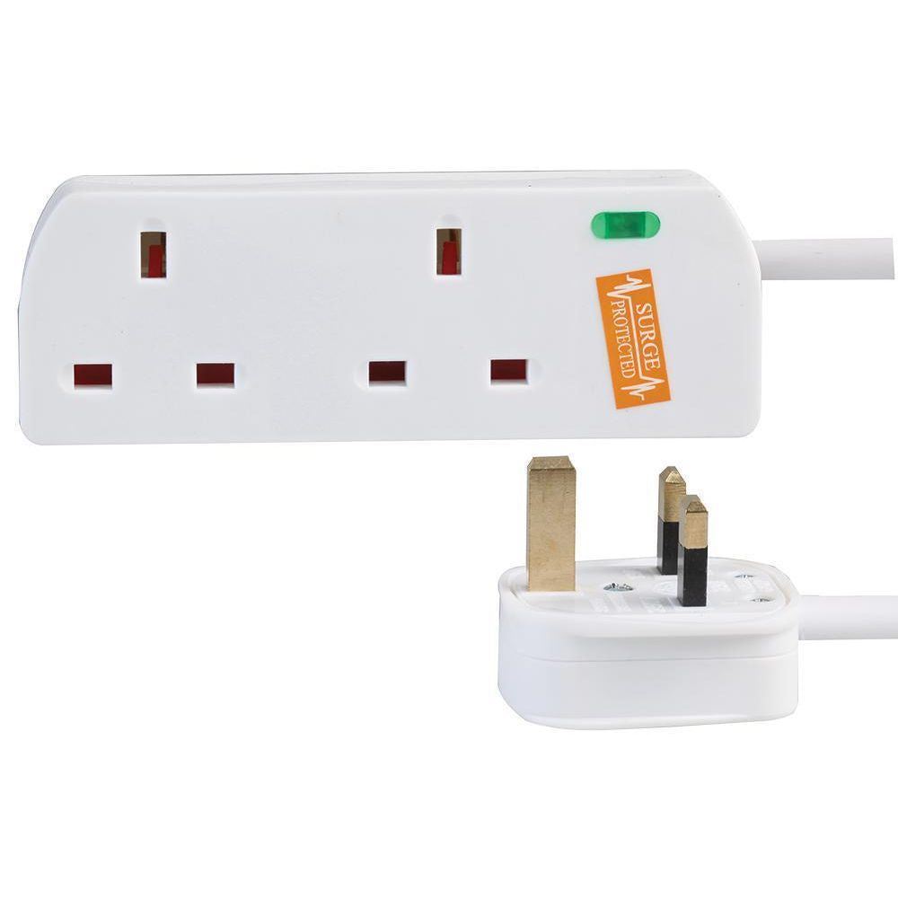 2 Gang 5m Mains Extension Lead Socket 13A Surge Protected - White