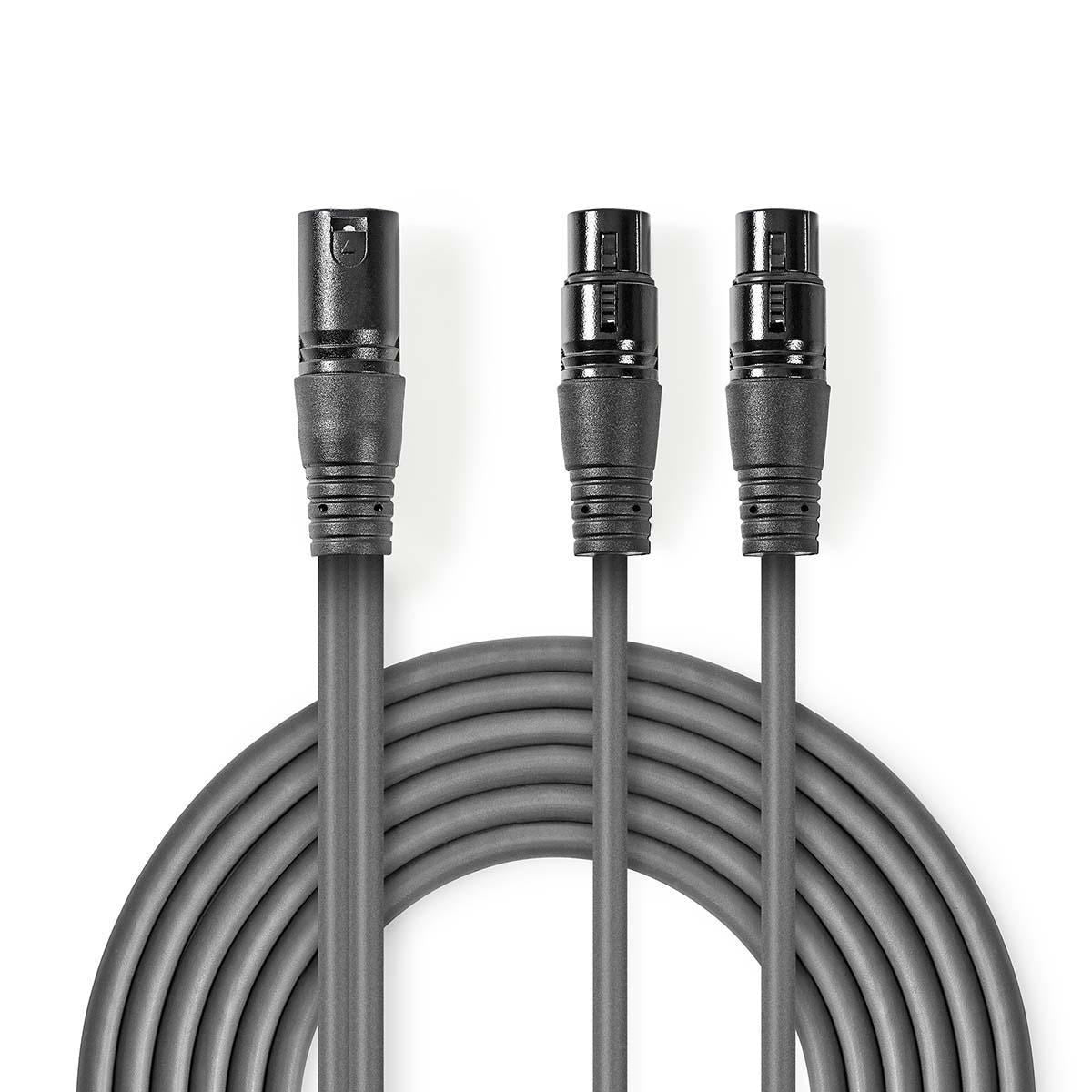 Nedis Balanced Audio Cable | XLR 3-Pin Male | 2x XLR 3-Pin Female | Nickel Plated | 1.50 m | Round | PVC | Dark Grey | Carton Sleeve