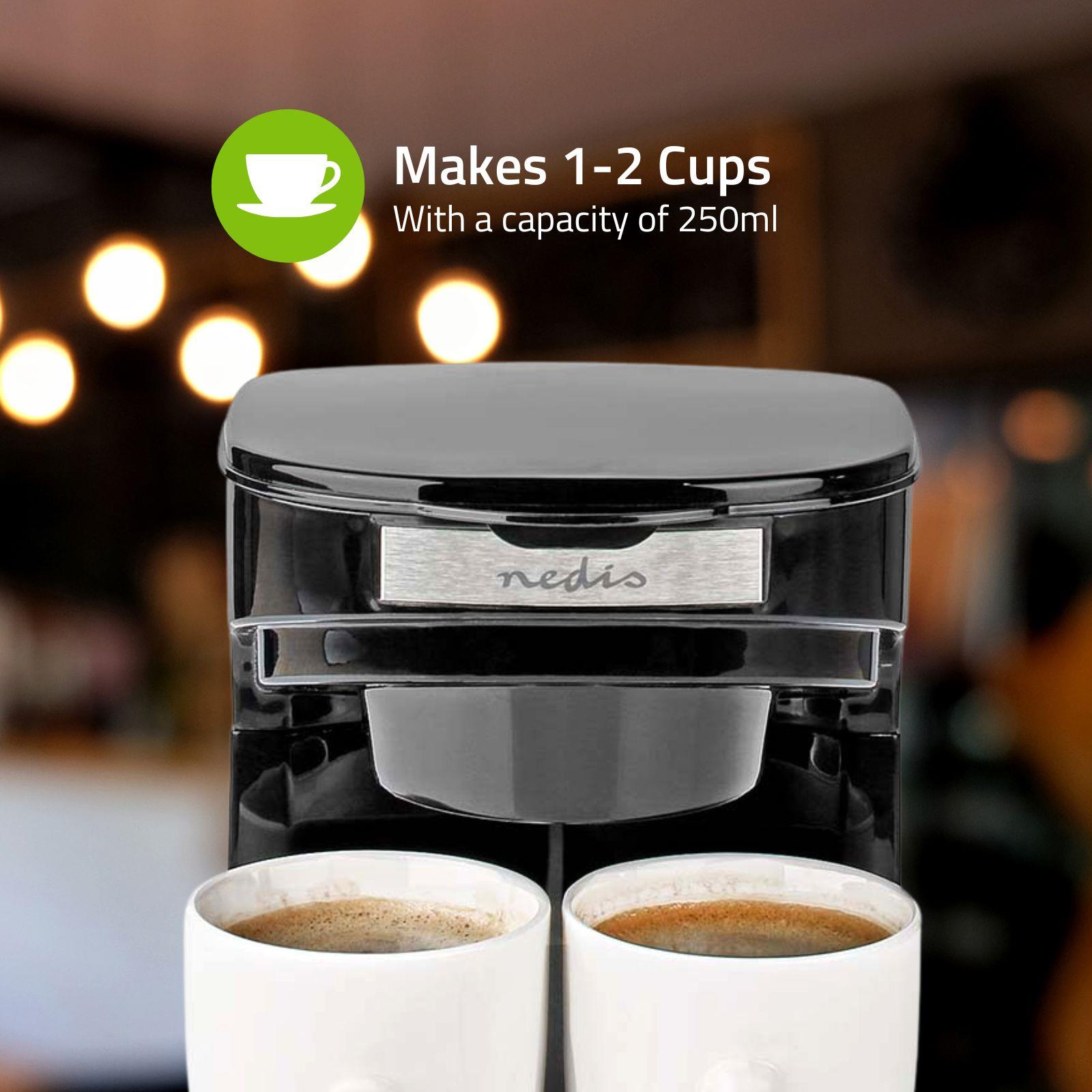 Nedis 2 Cup Coffee Maker 0.25L Easy to Use Nylon Reusable Filter with Cups - Black