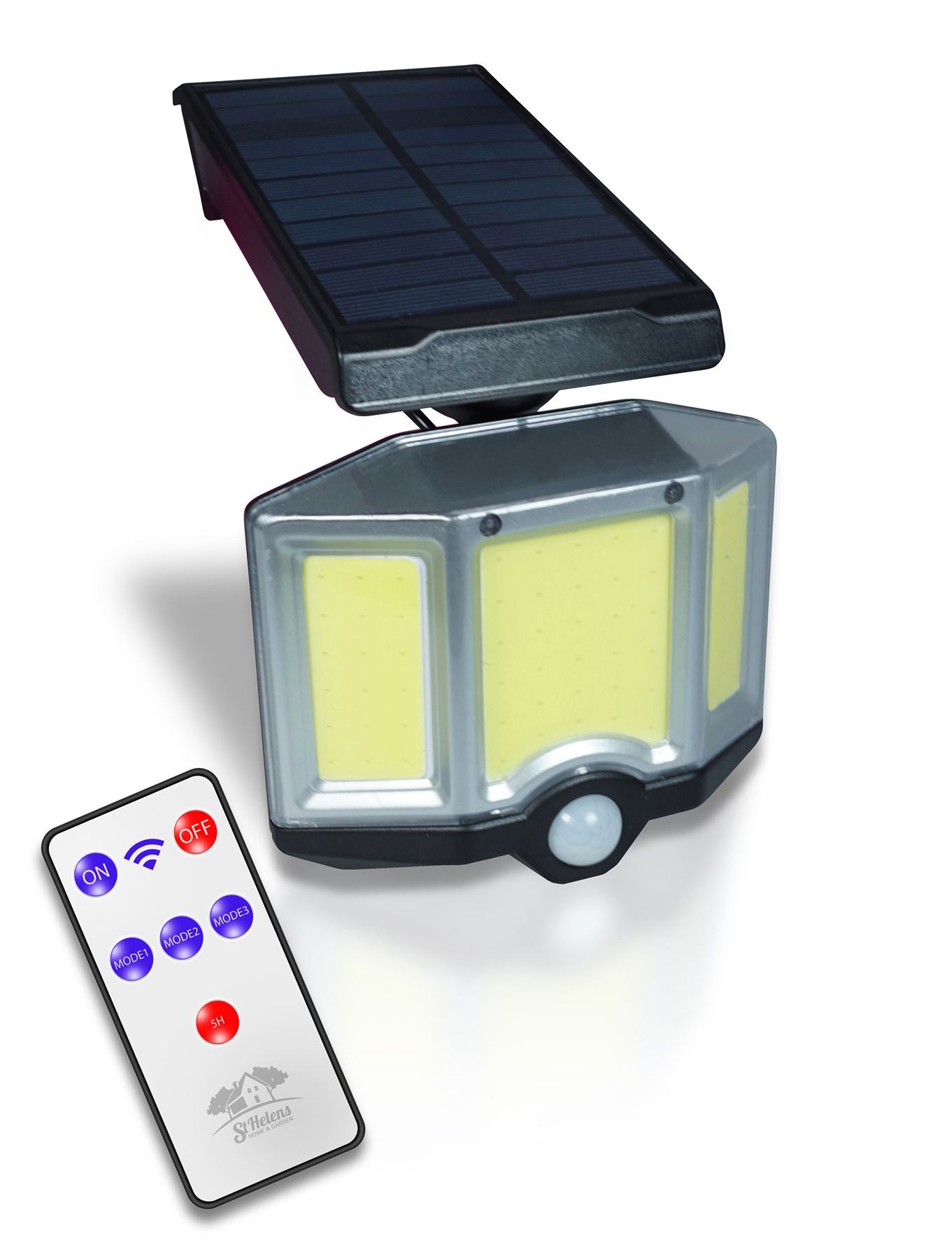 LED Solar Security Wall Light with Remote Control, Dusk/Dawn Mode and PIR Motion Sensor