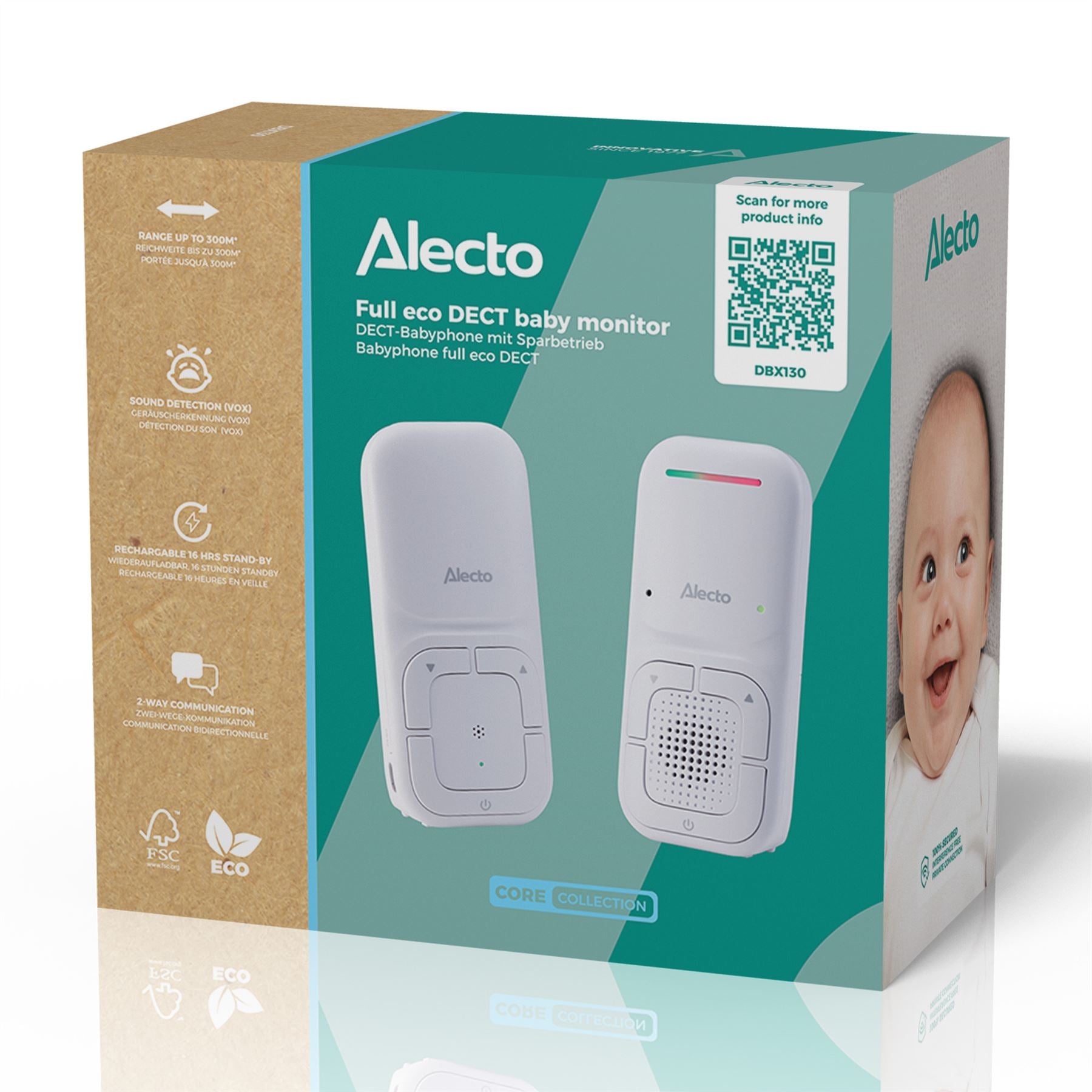 Alecto DBX130 Digital Audio Baby Monitor, Parent Unit with Rechargeable Battery, Long Range, Digital Transmission, Crystal-Clear Sound, Plug & Play, Sound Indicator & Alerts