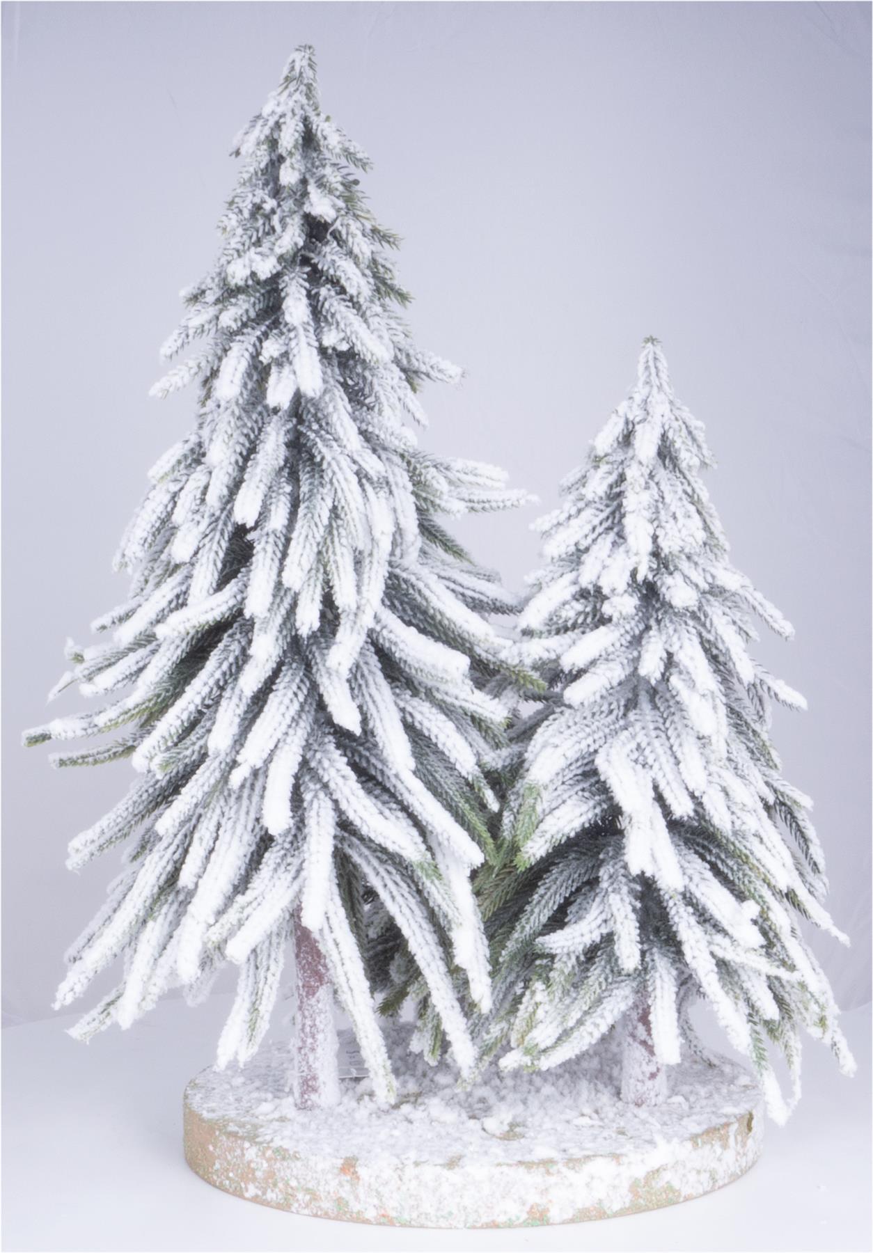 Snow Topped Mini Christmas Tree Display on Wooden Stand Decoration