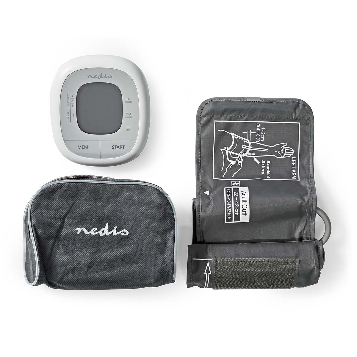 Nedis Upper Arm Blood Pressure Monitor, Clinically Tested, Extra-Large LCD Display, Arrhythmia Detection, WHO Indicator, 2x60 Memory, Cuff 22-42cm - White