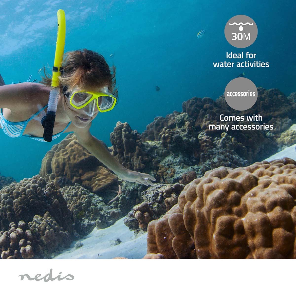 Nedis Dual Screen Action Cam, 4K Ultra HD 30fps, 16MP Photos, 2" Touch Back Screen, 1.3" Front Screen for Selfies & Vlogging, Waterproof to 30m with Mounting Kit and Wi-Fi Connectivity