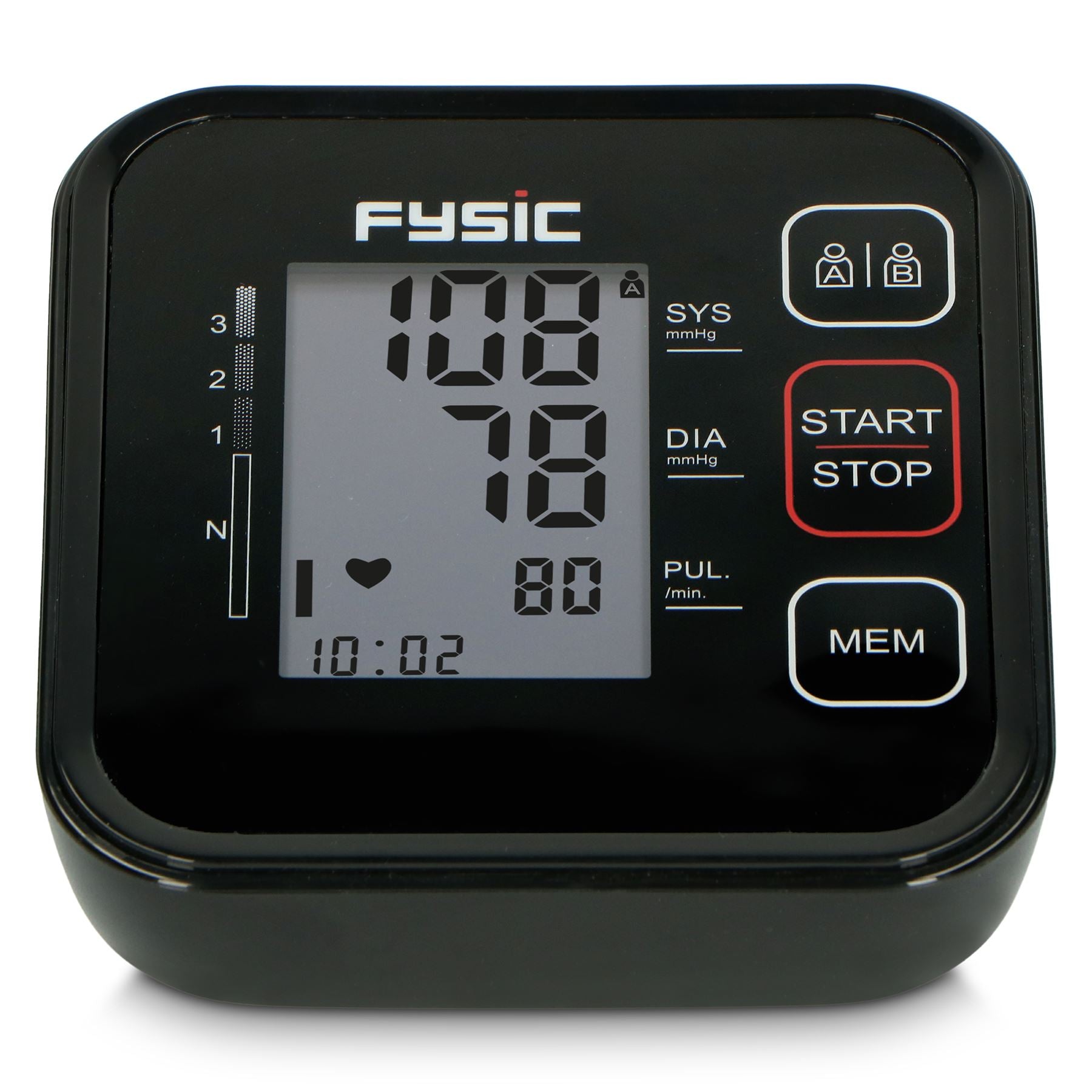 Fysic Upper Arm Blood Pressure Monitor, Clinically Tested, Extra-Large LCD Display, Arrhythmia Detection, WHO Indicator, 2x60 Memory, Cuff 22-42cm - Black
