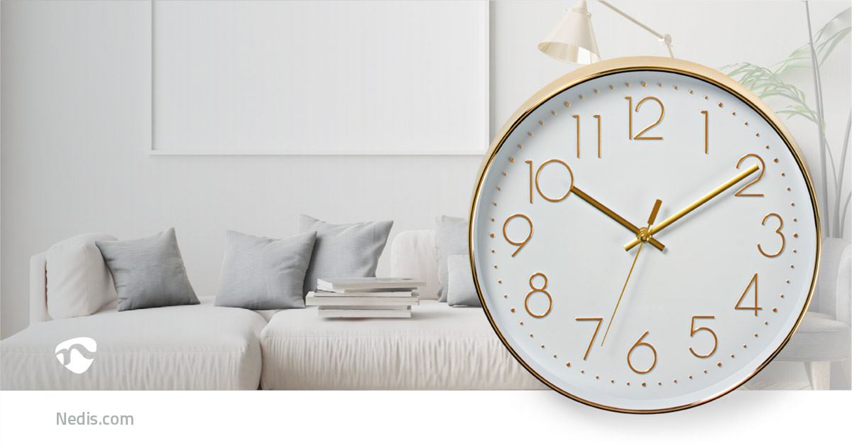 Nedis 30cm Wall Clock with Easy Read Numbers, Battery Powered - Gold  / White