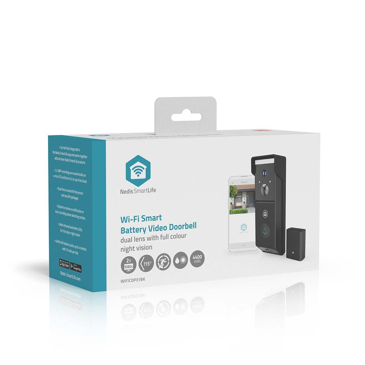 Nedis SmartLife Wireless Video Doorbell WiFi Camera, Battery Powered | 2x Full HD 1080p | Cloud Storage (optional) / microSD (not included) | IP54 | With motion sensor | Night vision | Black