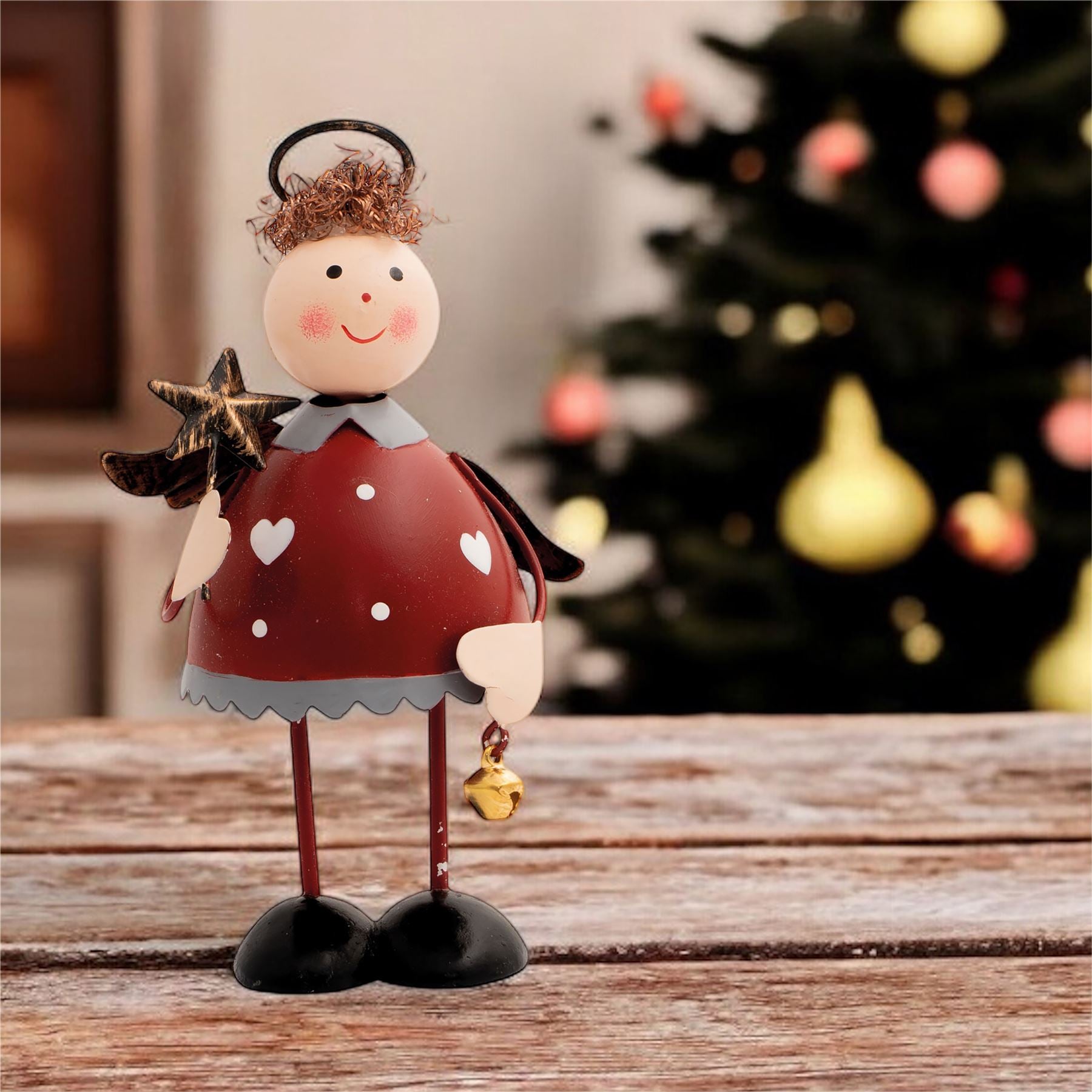 Standing Metal Christmas Angel Ornament Decoration with Wings Halo & Bell - Red