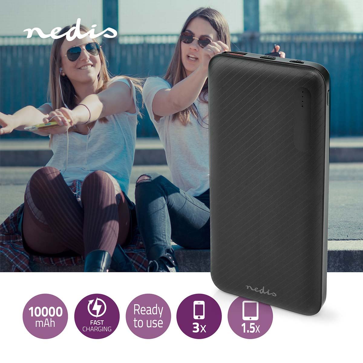 Nedis Powerbank | 10000 mAh | 1.5 / 2.0 / 3.0 A | Number of outputs: 2 | Output connection: 1x USB-A / 1x USB-C™ | Input connection: 1x Micro USB / 1x USB-C™ | PD2.0 18W | Lithium-Polymer