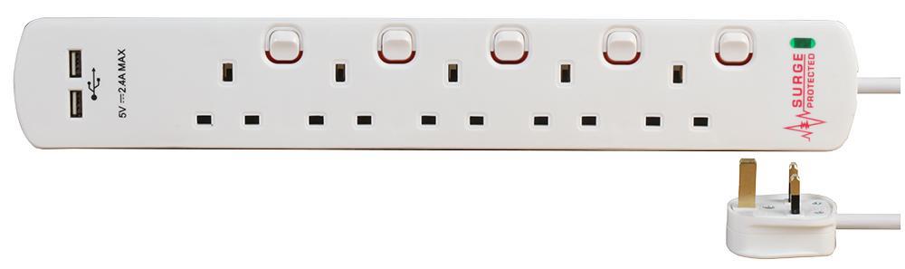 5 Gang 2m Mains Extension Lead Socket Individually Switched 13A with Surge Protection & USB Ports - White