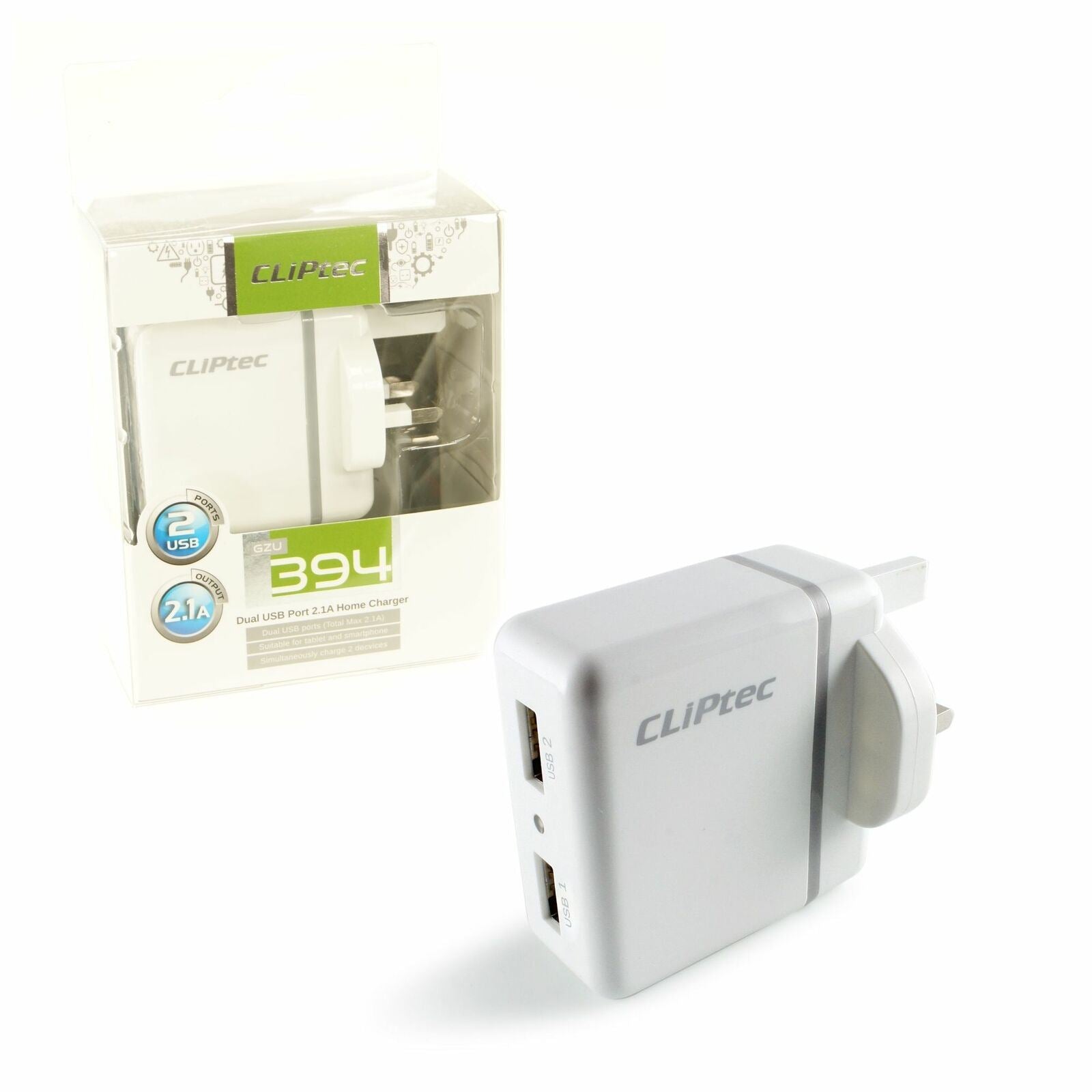 CLiptec Dual Port 2.1A UK USB Mains Charger - White