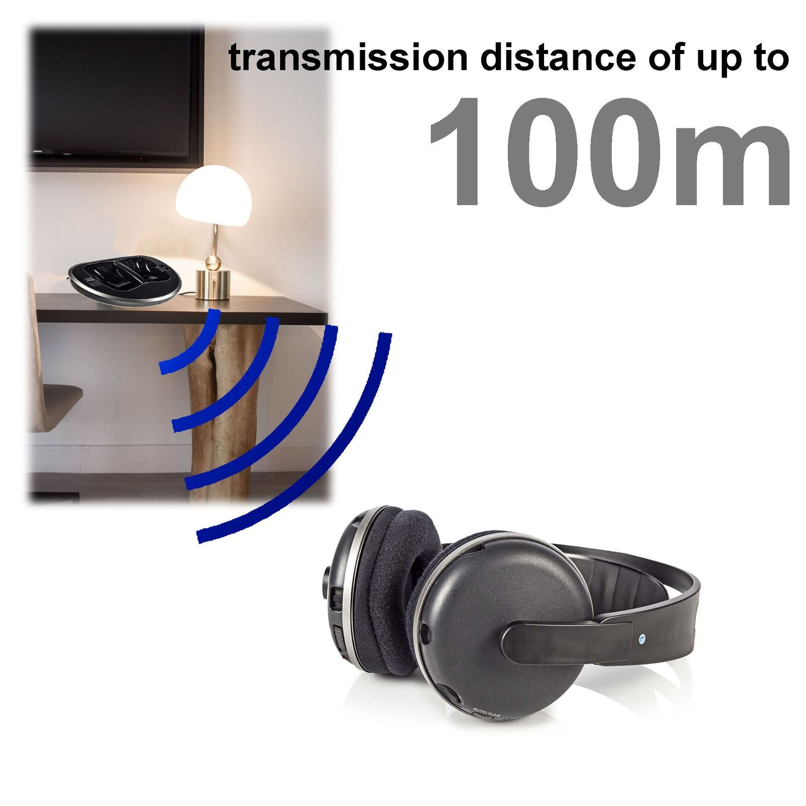 Nedis Wireless TV Headphones | RF, frequency 868 Mhz | Over-Ear | Maximum battery play time: 11 hrs | 100 m | Digital Audio | Charging dock | Black / Silver