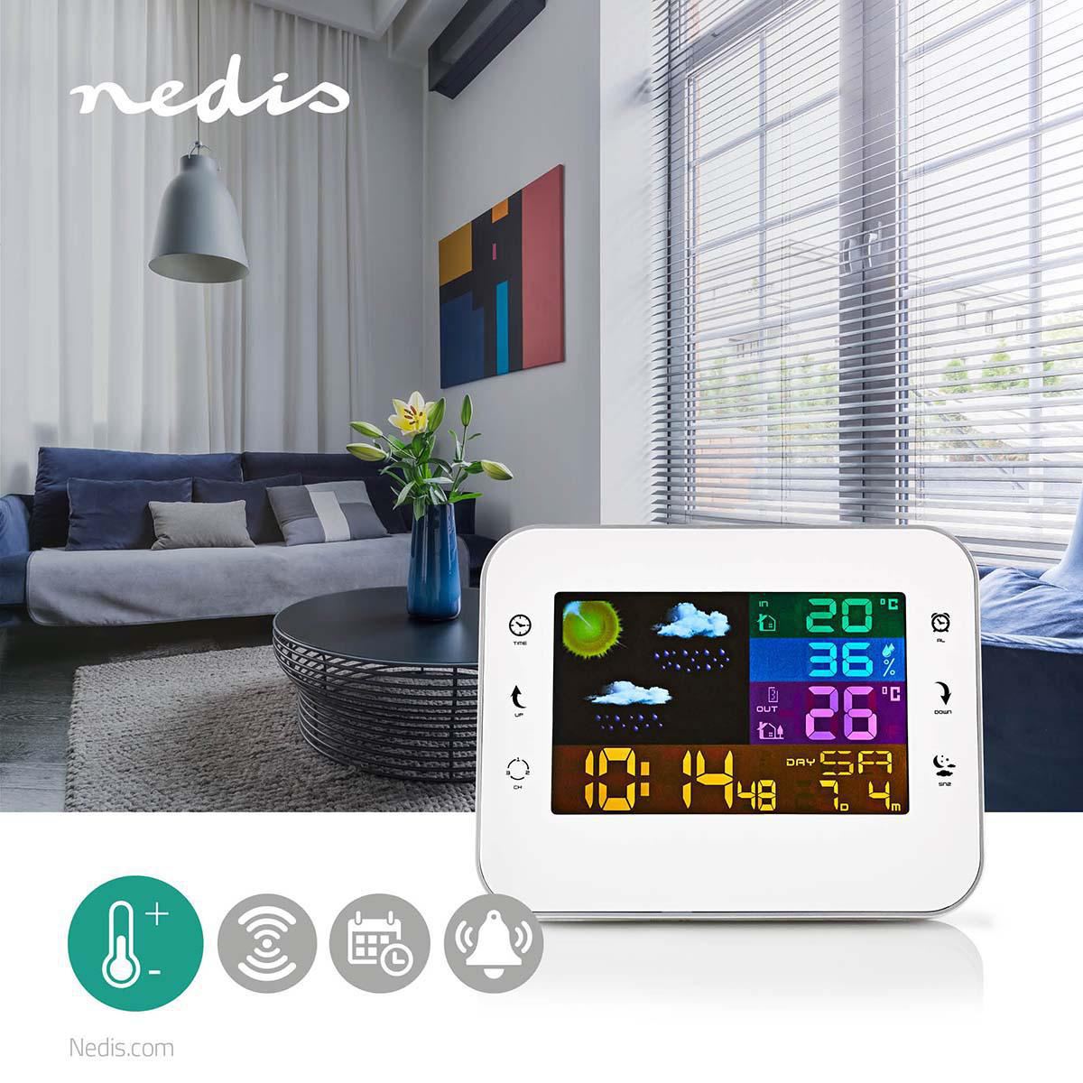 Nedis Weather Station | Indoor & Outdoor | Including wireless weather sensor | Weather forecast | Time display | Colour LCD Display | Alarm clock function