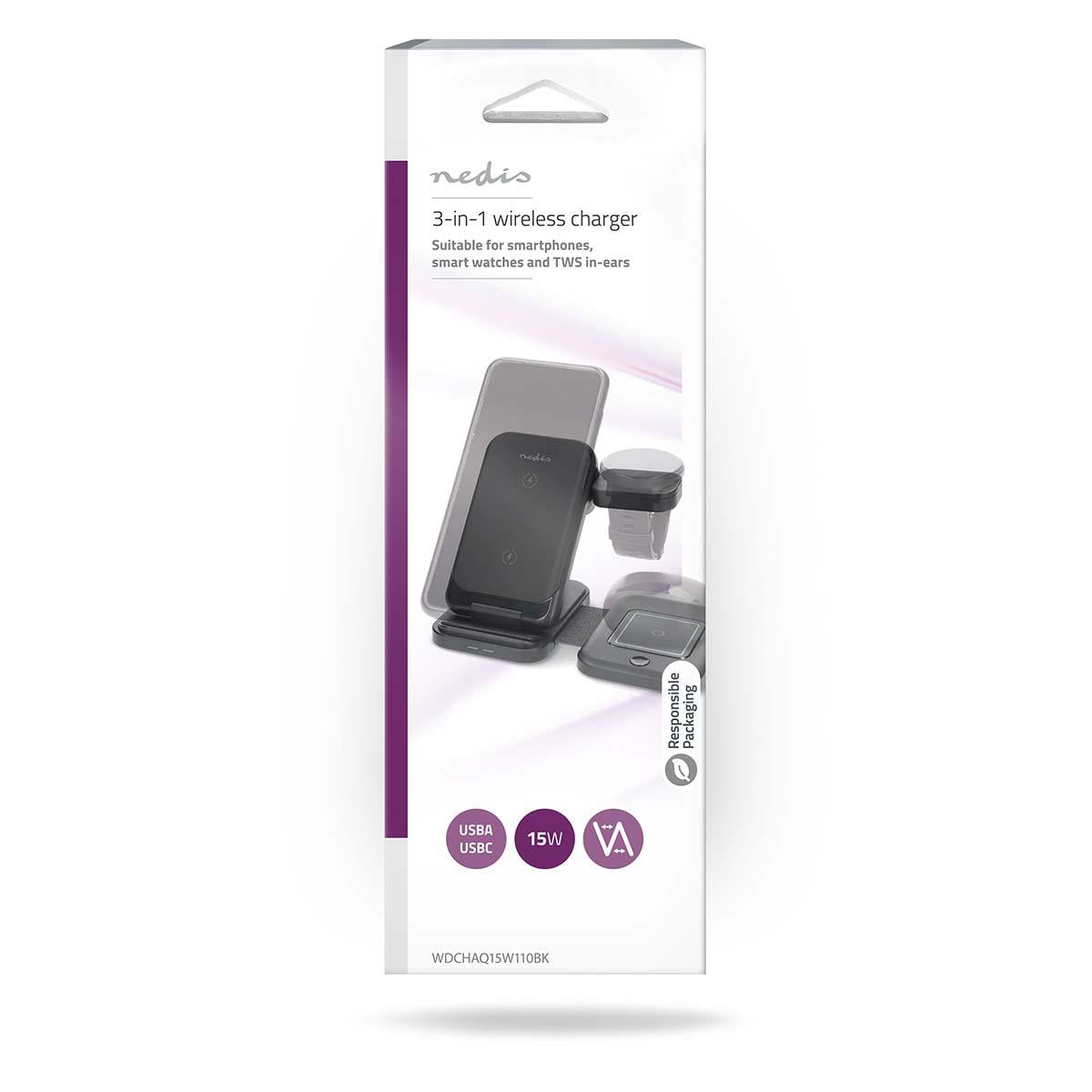 Nedis Wireless Charger | 3-in-1 | 15 W | LED-indicator in use | Including cable | USB-A / USB-C™ | 1.00 m