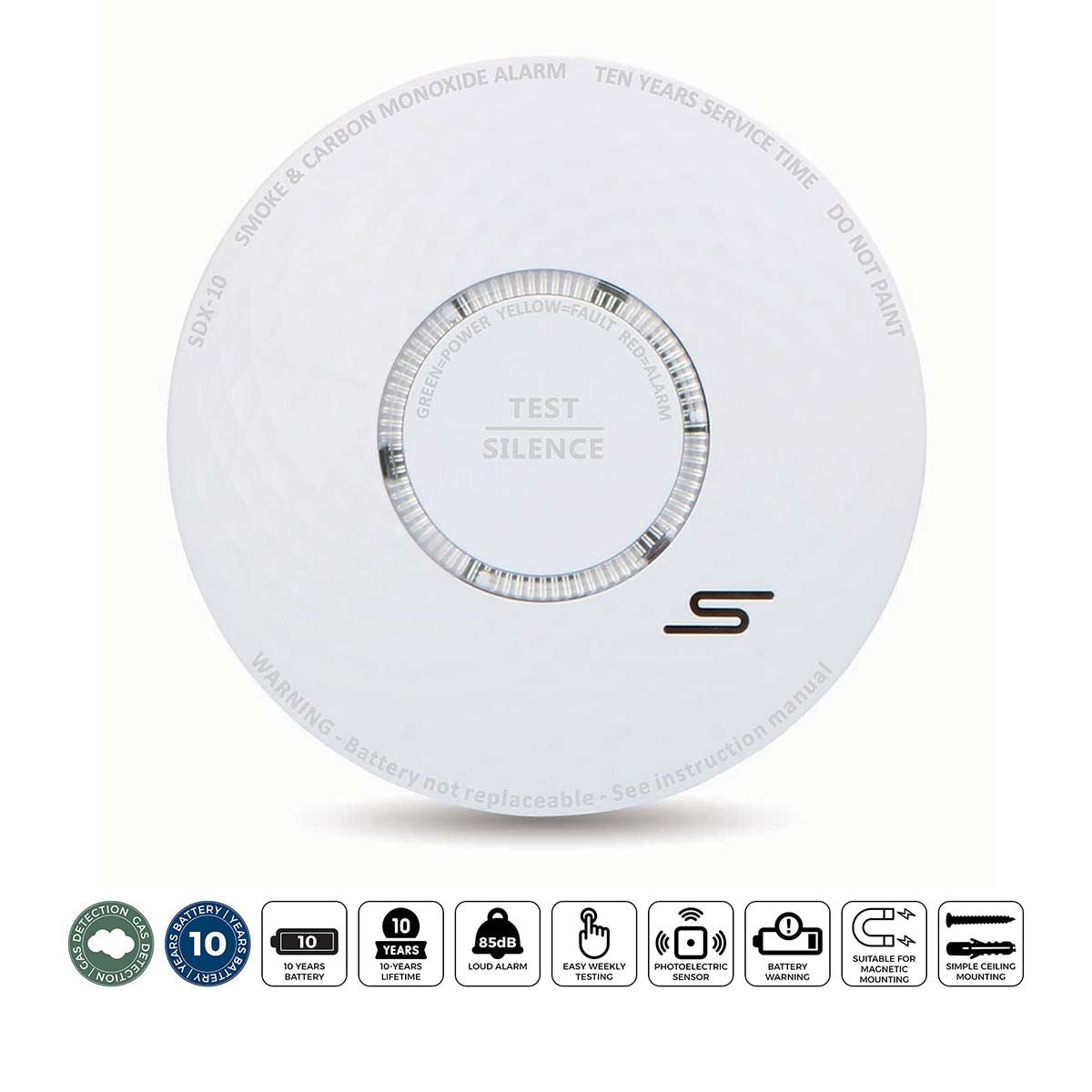 Alecto SDX10 | Smoke and Carbon Monoxide Alarm | Battery Powered | Sensor life cycle: 10 year | EN 50291 | Android™ / IOS | With test button | 85 dB | White