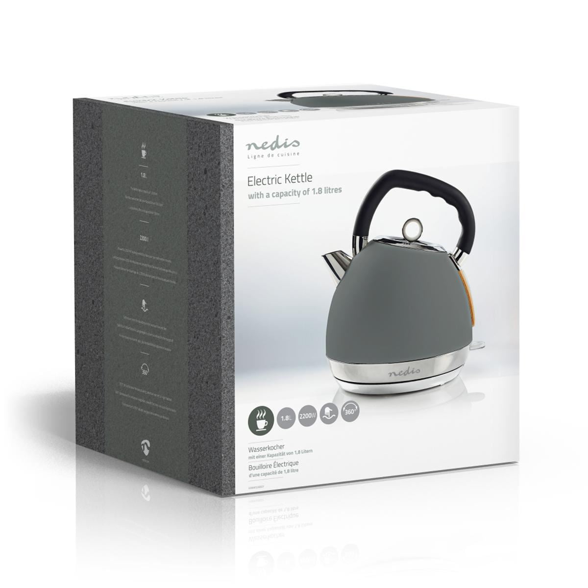 Nedis Electric Kettle | 1.8 l | Soft-Touch | Grey | Rotatable 360 degrees | Concealed heating element | Strix® controller | Boil-dry protection