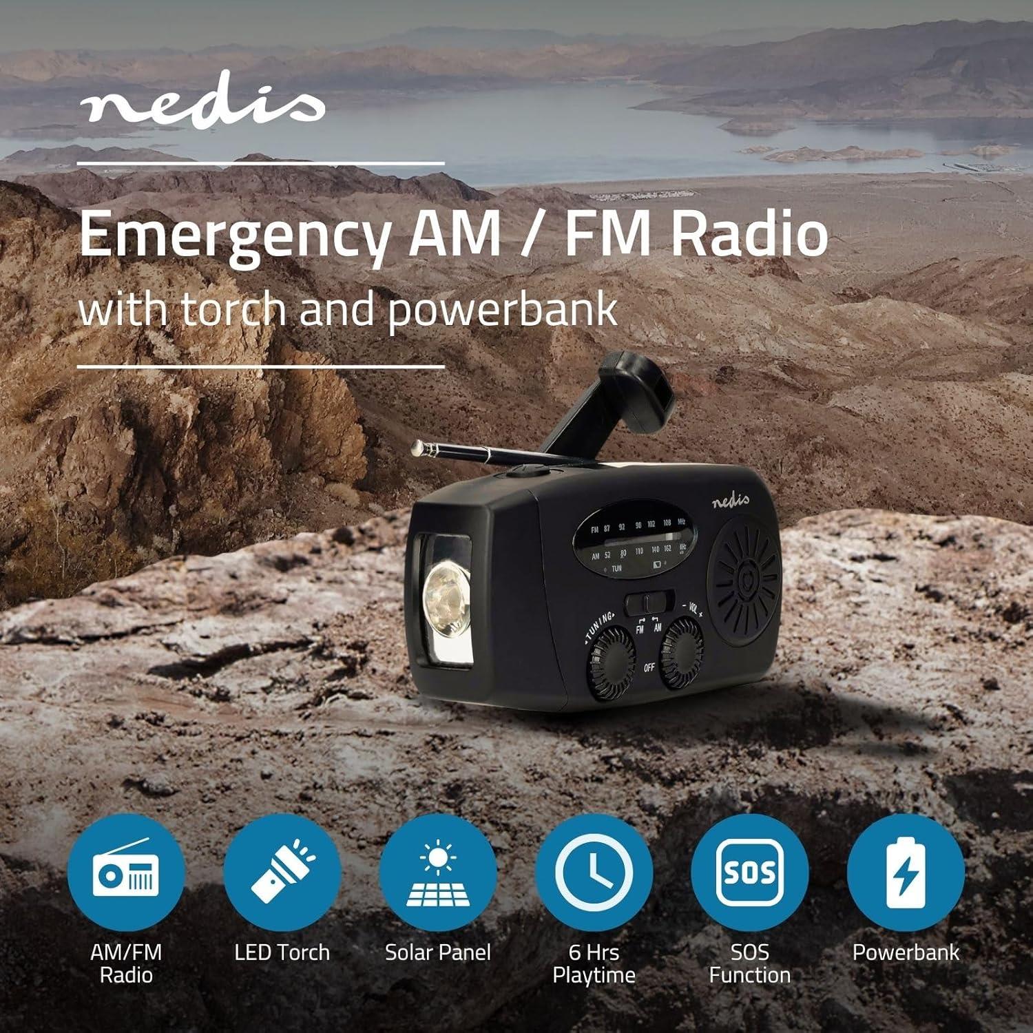 Nedis Portable Emergency AM/FM Wind Up Radio, with Solar Panel & Hand Crank, LED Torch, SOS Light and Rechargeable 2000mAh USB Powerbank - Black