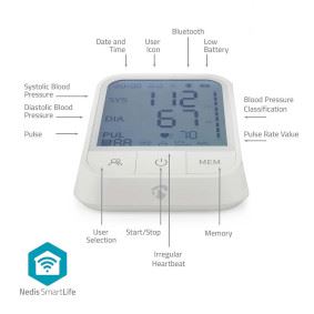 Nedis Smart Upper Arm Blood Pressure Monitor, Clinically Validated with Bluetooth, Irregular Heartbeat Detection, WHO Colour Indicator, 4.3 Inch LCD Screen, 2x99 Memory, 22-42 cm Cuff - White