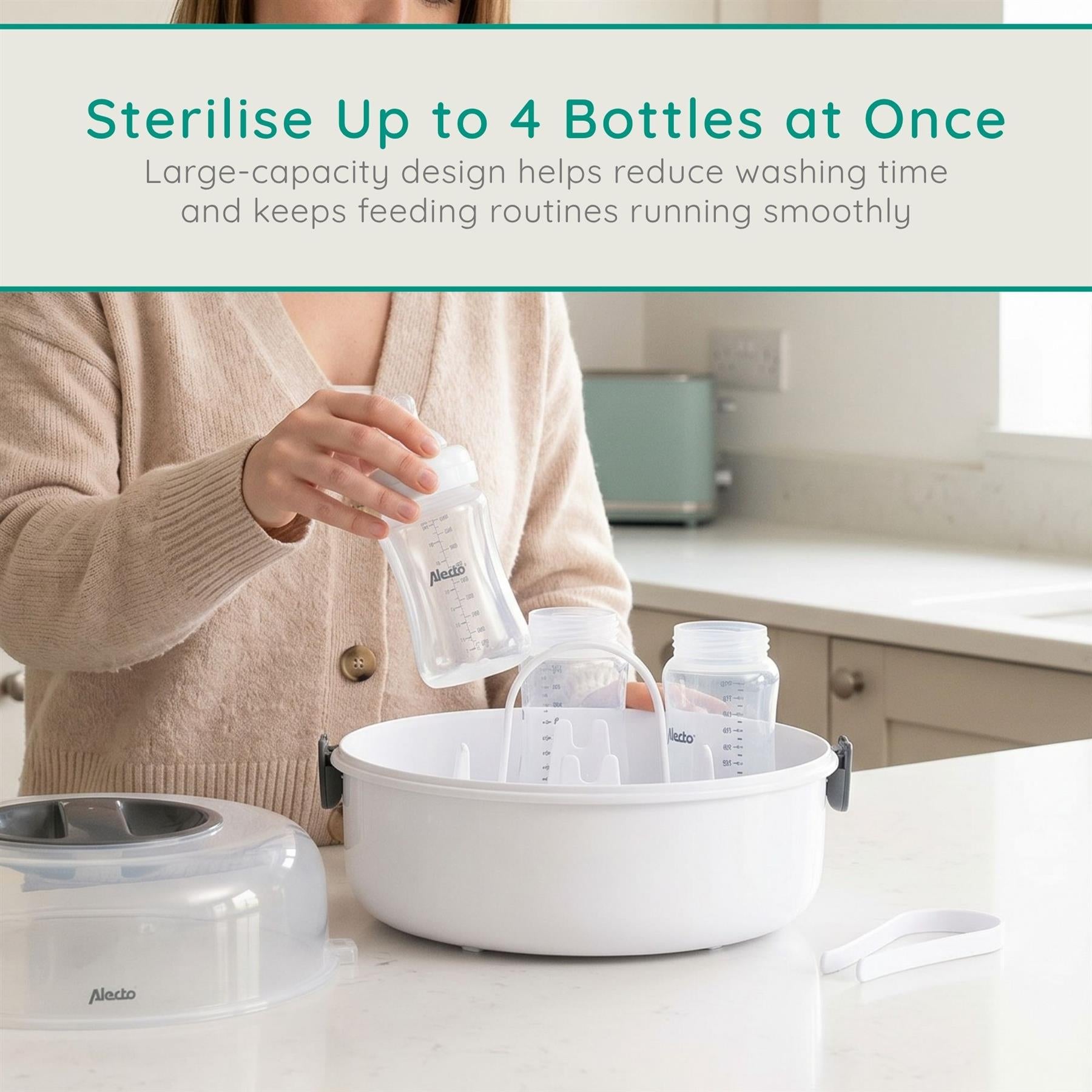Alecto Microwave Steam Steriliser for Baby Bottles, Soothers, Breast Pumps and Feeding Accessories, Kills Viruses and 99.9% of Harmful Bacteria, 4-Minute Sterilisation Cycle