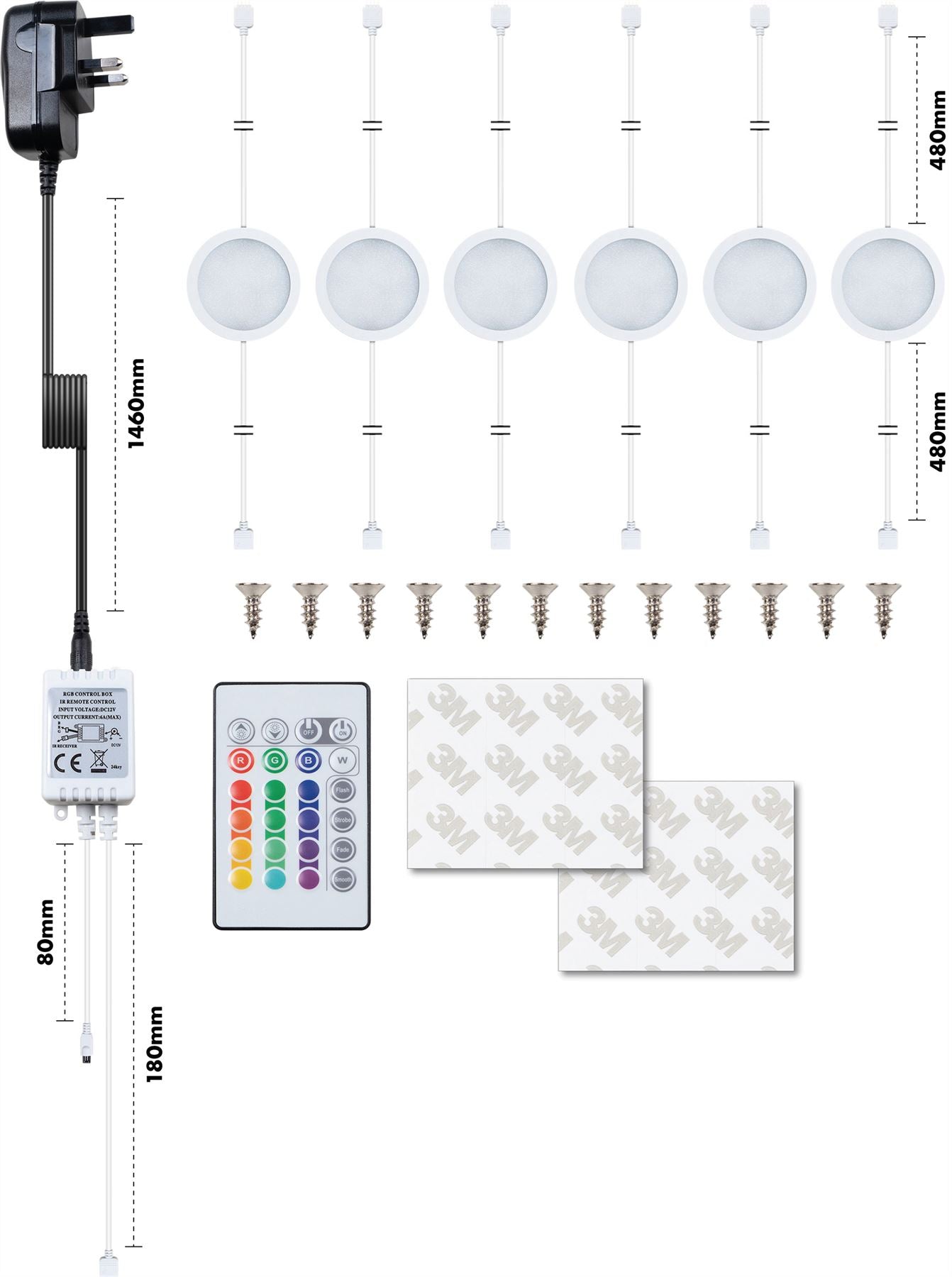 6 x Under Cabinet / Kitchen Brushed Aluminium Lighting Kit RGB Colour LED Kitchen Counter Closet Puck Display Lamp