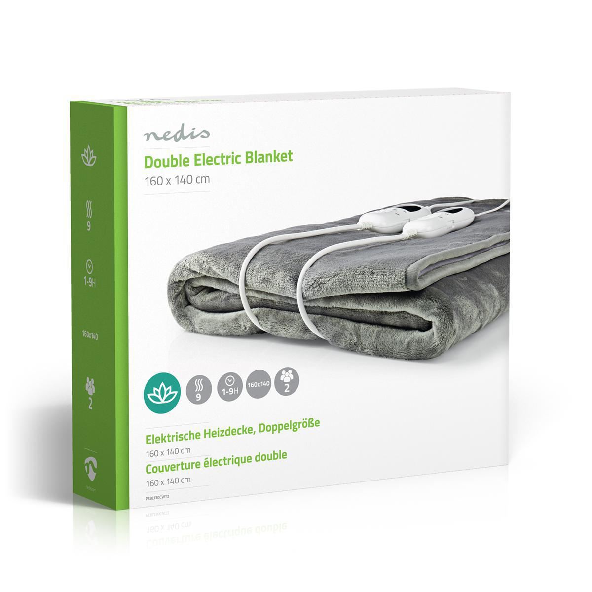 Nedis Heated Blanket, Underblanket 160 x 140cm, 2 Person, Grey, 9 Levels, Timer Auto-Off, Machine Washable, Fleece Soft and Full Body Warming, Sofa Bed Office Use, Warm blanket, Electric throw