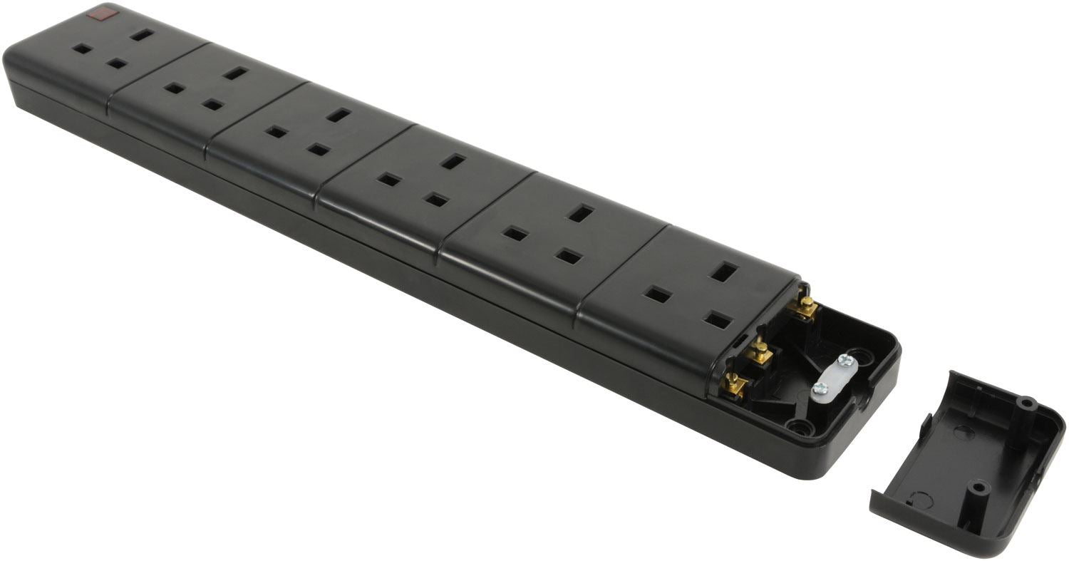 Mercury 6 Gang Rewirable Neon Power Indicator Trailing Socket - Black