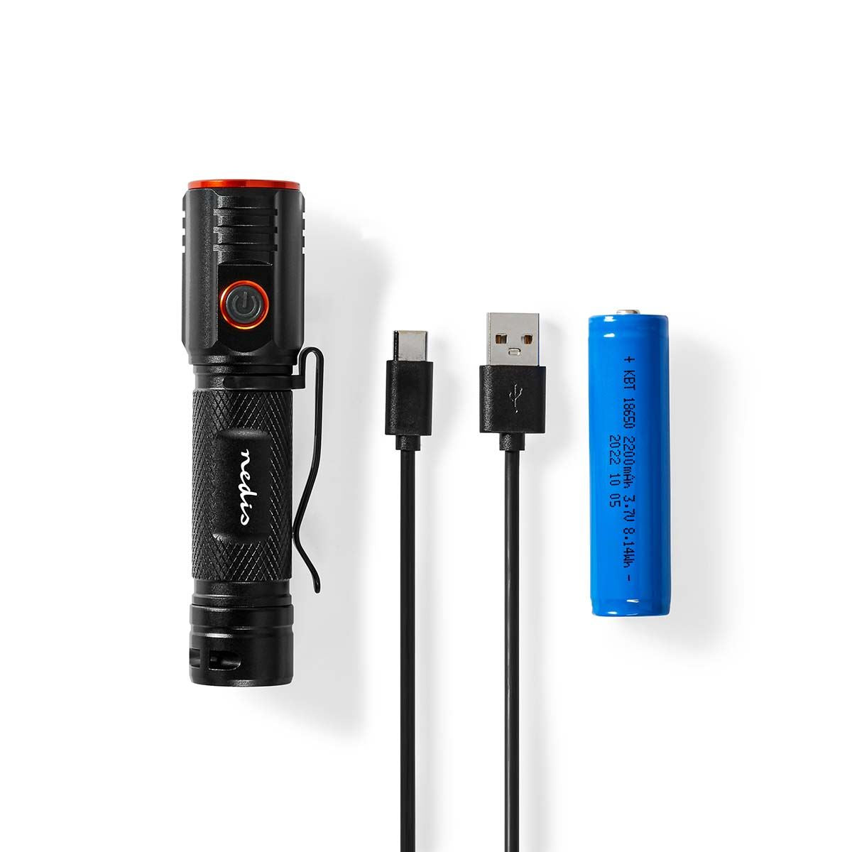 Nedis LED Torch Rechargeable, 20W Compact Flashlight with USB-C Charging, Practical Clip, IPX6 Water-Resistant, 2000 Lumen Beam up to 180m