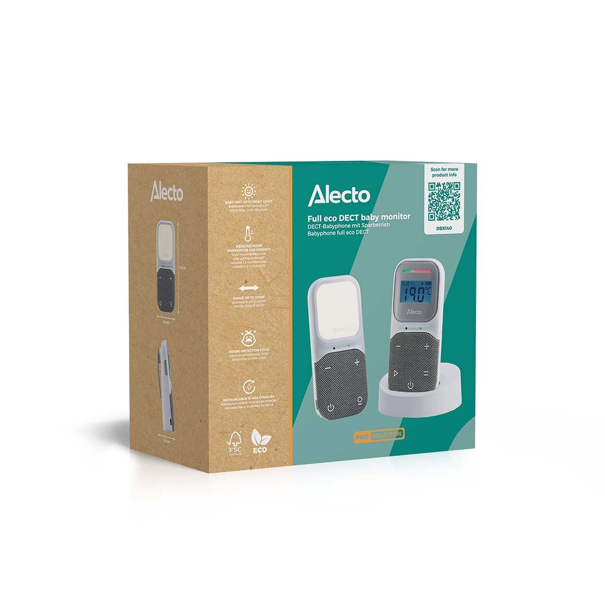 Alecto DBX140 Digital Audio Baby Monitor, Parent Unit with Rechargeable Battery, Temperature, Night Light, Long Range, Digital DECT, Crystal-Clear Sound, Plug & Play, Sound Indicator & Alerts