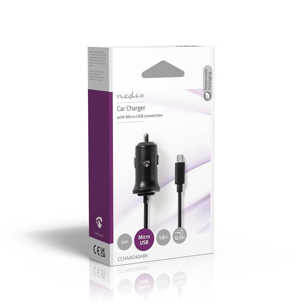 Nedis Car Charger | 12 W | 1x 2.4 A | Number of outputs: 1 | Micro USB (Fixed) Cable | 1.00 m | Single Voltage Output