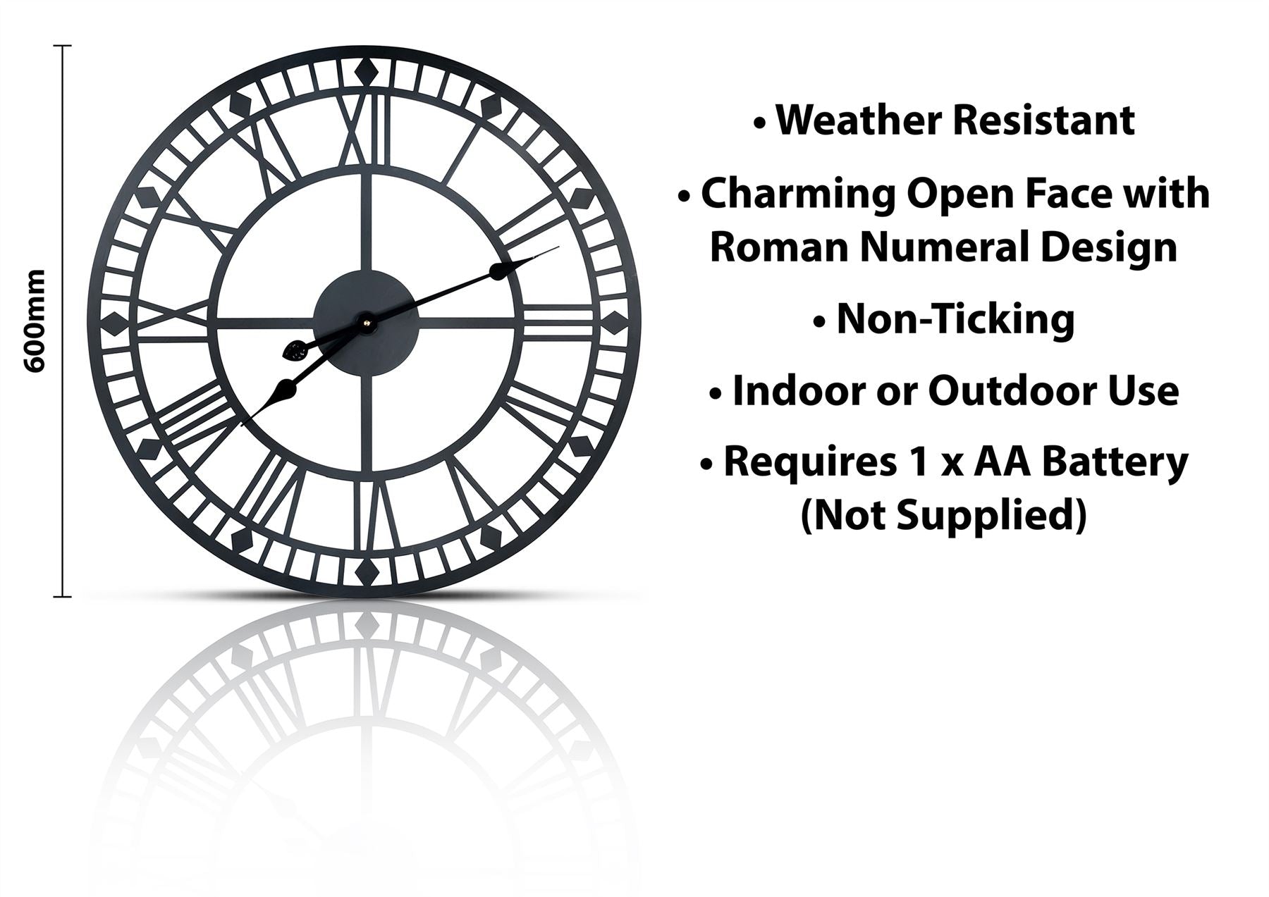 60cm 24" Large Stunning Outdoor Indoor Garden Decorative Clock Silent Running Black