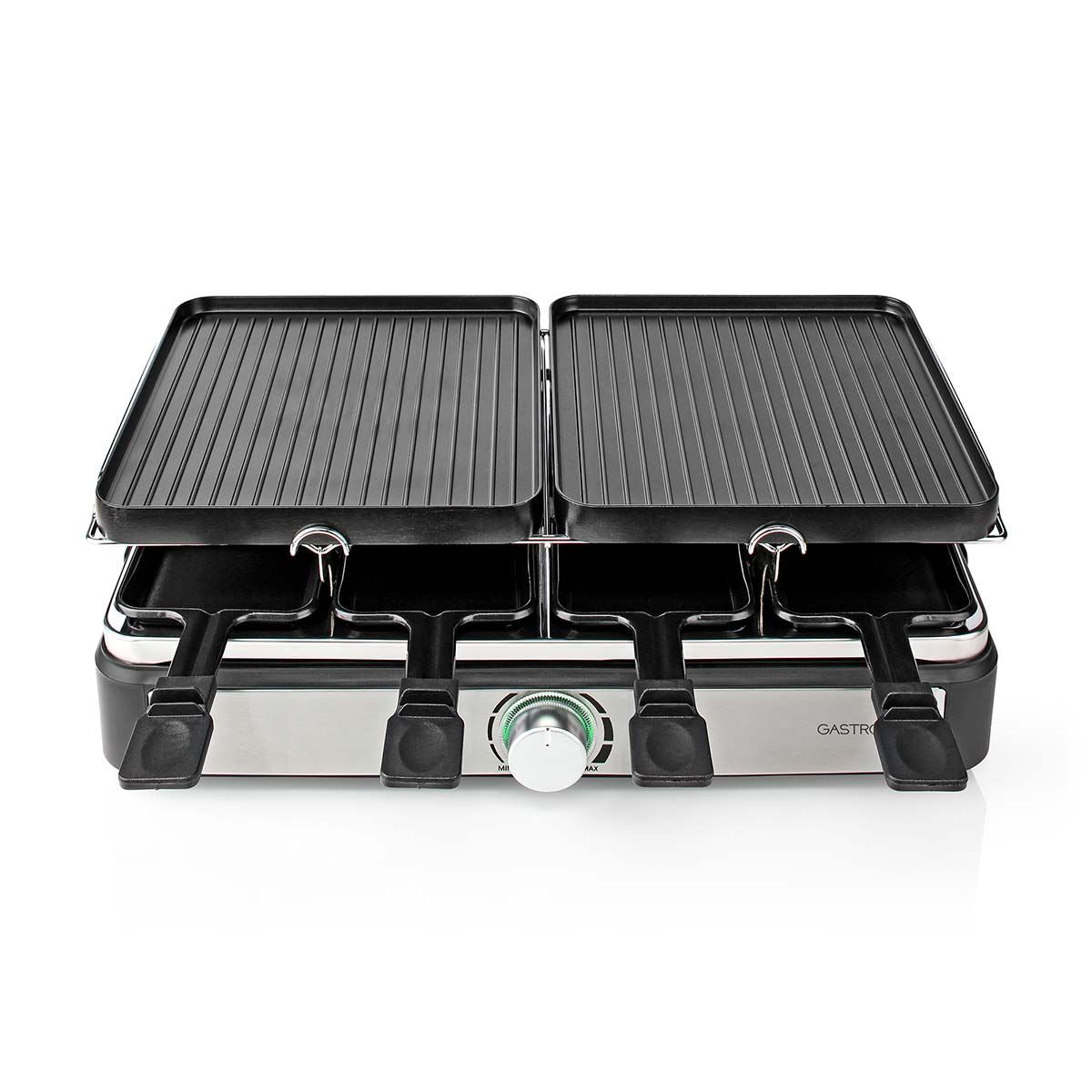 Gastronoma Electric Raclette Gourmet Stone Grill, 8 Person Indoor Non-Stick Tabletop Cooker, Removable Hot Plate, Adjustable Thermostat, with 8 x Mini Cheese Pans & Spatulas, 1400W