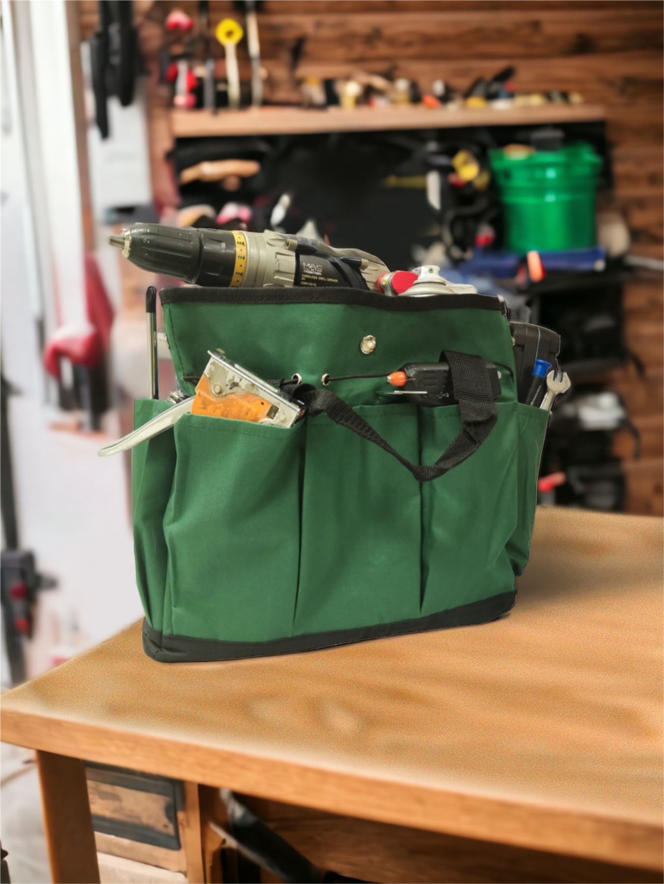 Nylon Mulit Pocket Tool Bag 14" 350mm Green, Heavy Duty Pullcord and Handles