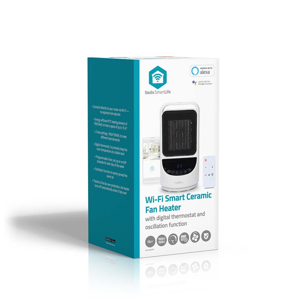 Nedis SmartLife Ceramic PTC Fan Heater | Wi-Fi | 1500 W | 2 Heat Settings | Oscillation | Display | 10 - 49 °C | Android™ / IOS | White