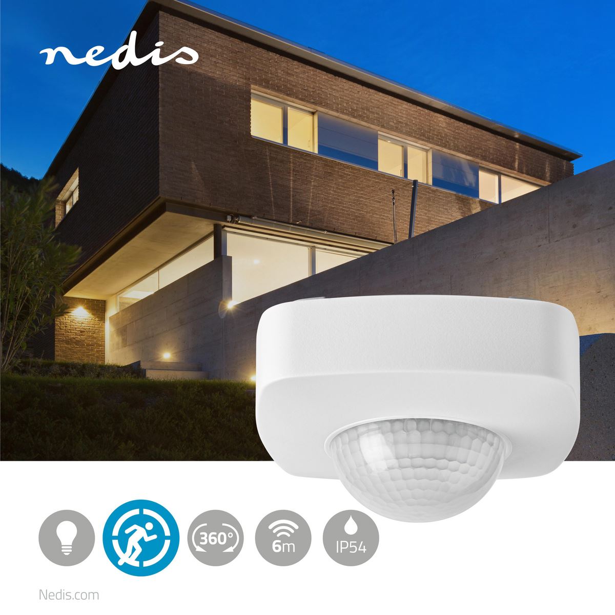 Nedis PIR Occupancy Motion Sensor Detector Light Switch, Ceiling Mount, 360 Degree 6m Range, Round, Square