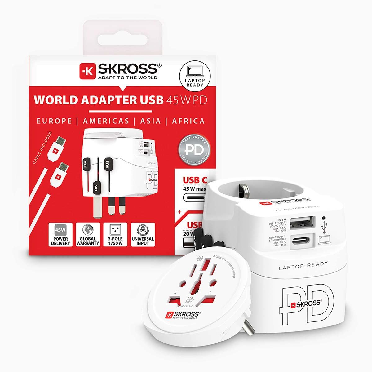Skross Travel adapter 3-pole World Wide Earthed with integrated fast charging 45 watt PD USB charger (1 x USB C & 1 x USB) | SKR1302474