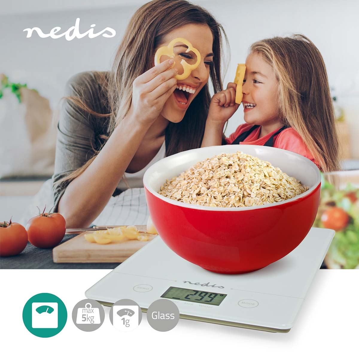 Nedis Kitchen Digital Food Scales LCD Electronic Weighing 5kg Cooking Baking Balance - White