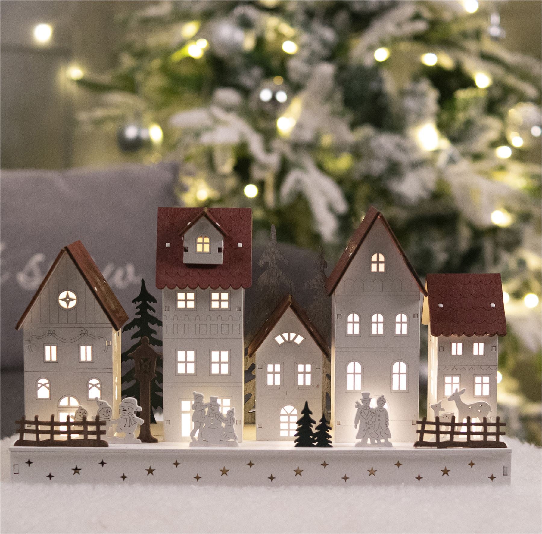 Christmas Wooden LED Light Up Festive Village Scene Decoration