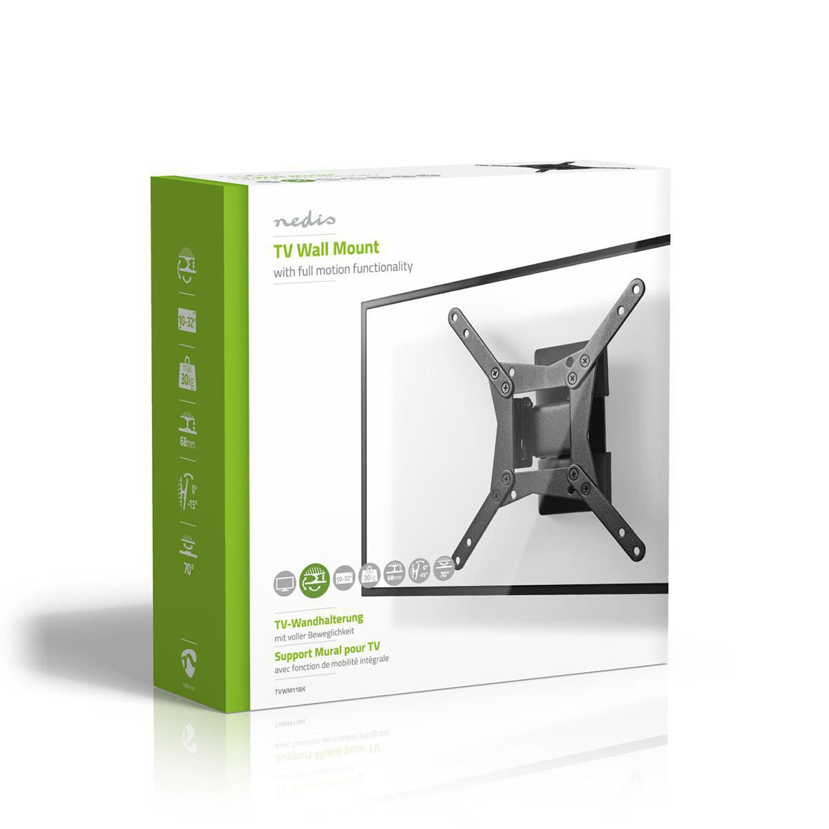 Nedis Full Motion TV Wall Mount | 10 - 32 " | Maximum supported screen weight: 30 kg | Tiltable | Rotatable | Minimum wall distance: 68 mm | Maximum wall distance: 68 mm | 1 Pivot point(s) | Steel | Black