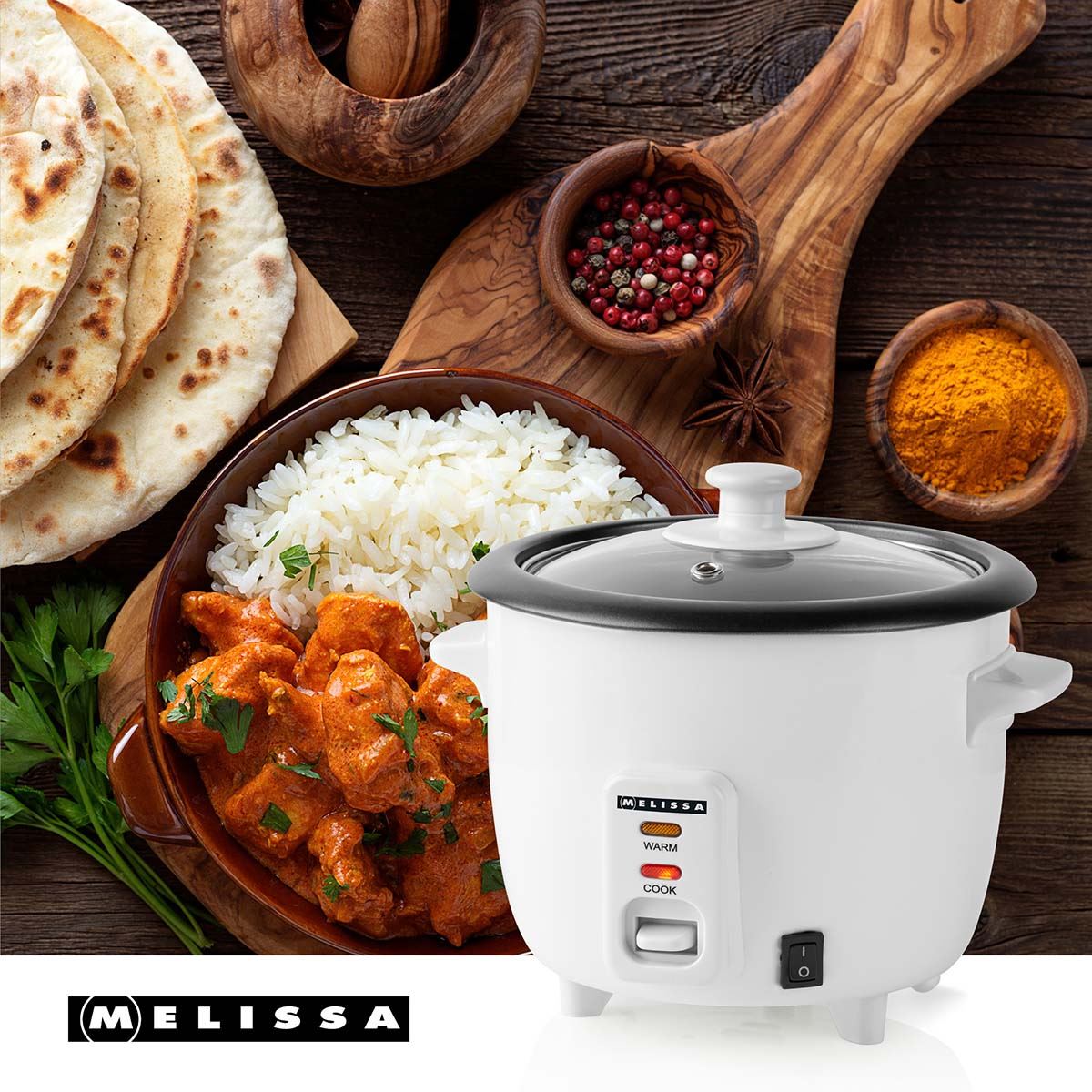 MELISSA 0.6L Rice Cooker & Steamer with Keep-Warm Function, 300W, for 1-2 People, Quick Preparation Without Burning, Non-Stick Coating incl. Steamer Insert