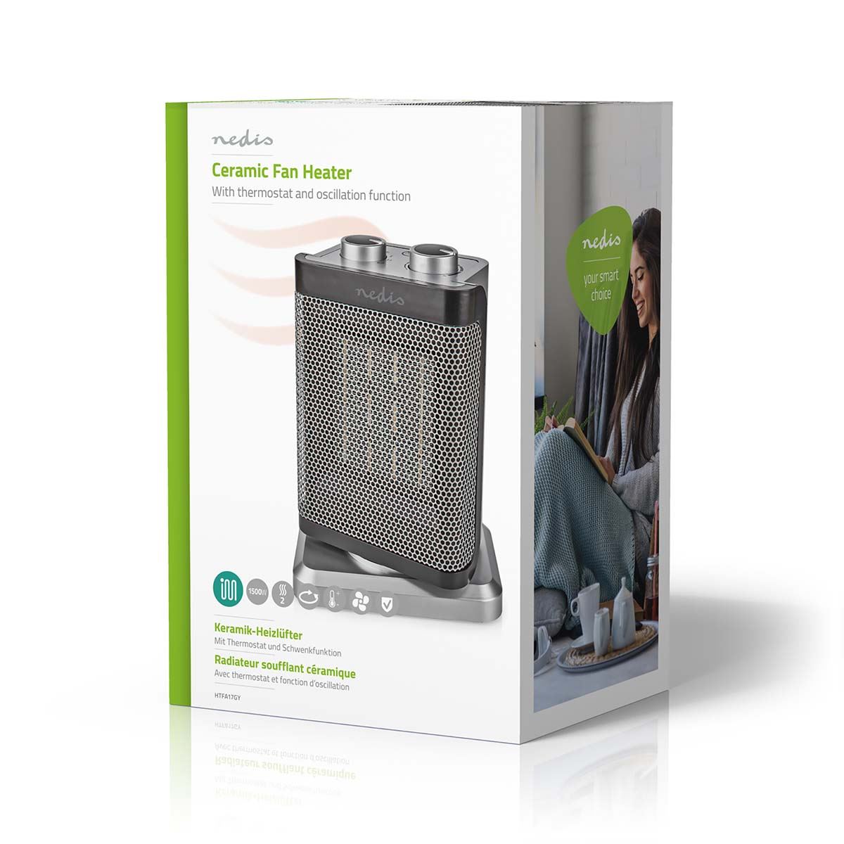 Nedis Ceramic PTC Fan Heater | 1000 / 1500 W | 2 Heat Modes | Adjustable thermostat | Rotates automatically | Overheating protection | Fall over protection