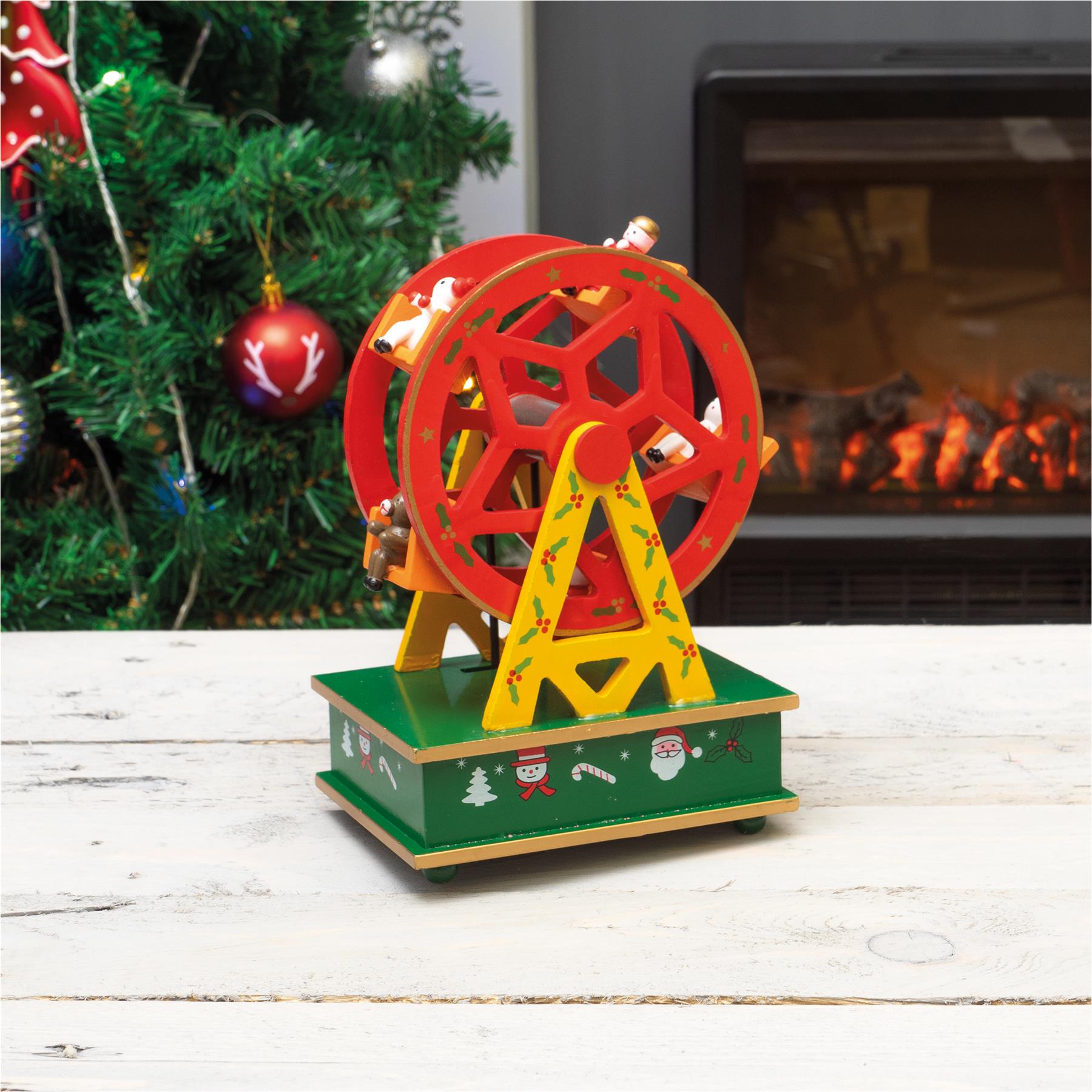 Christmas Mechanical Wooden Fairground Ferris Wheel Mini Music Box Wind Up