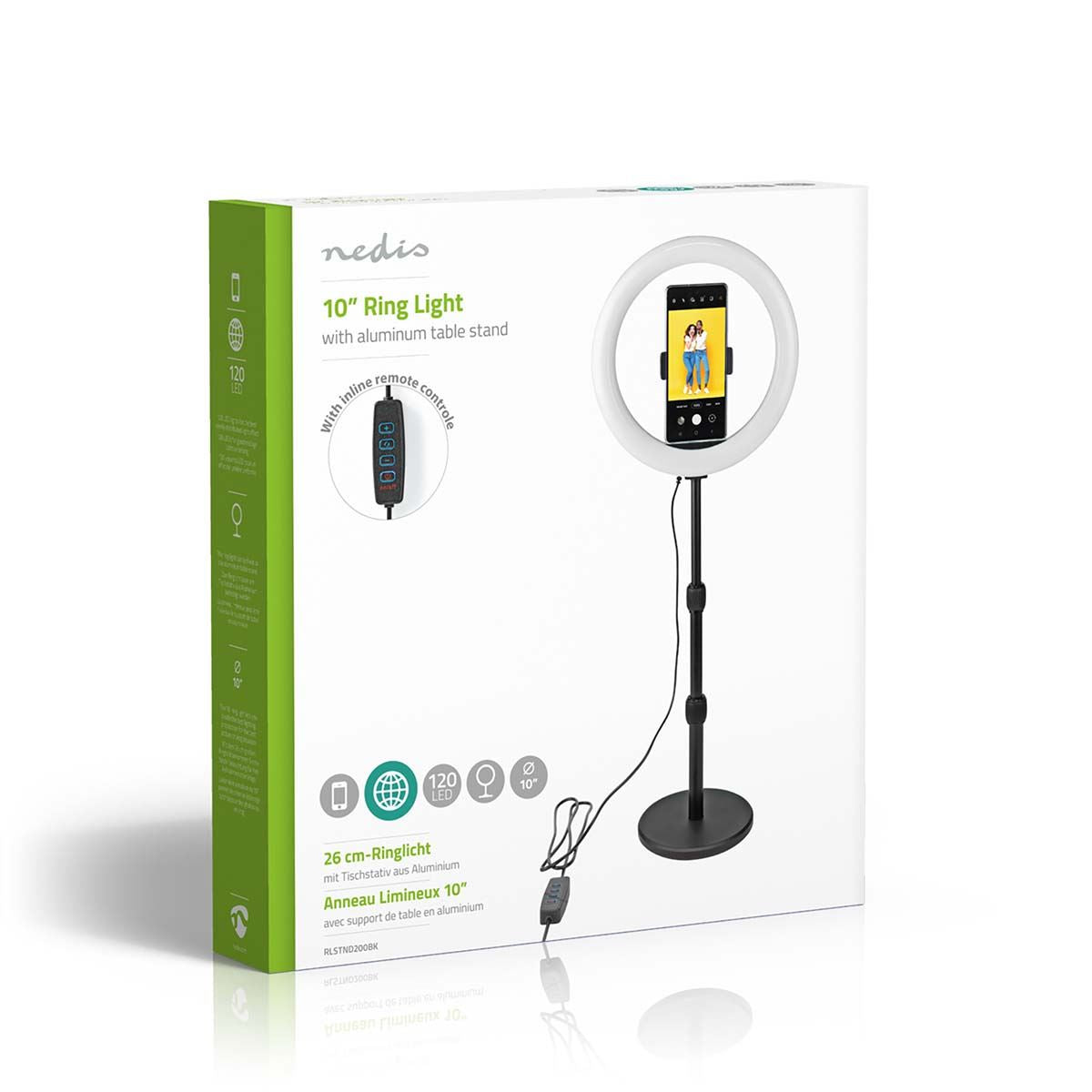 Nedis Ring Light, 10" LED Ring Lamp with 120 LEDs on Aluminium Table Stand, USB Powered, with Flexible Phone Holder, 10 Light Modes