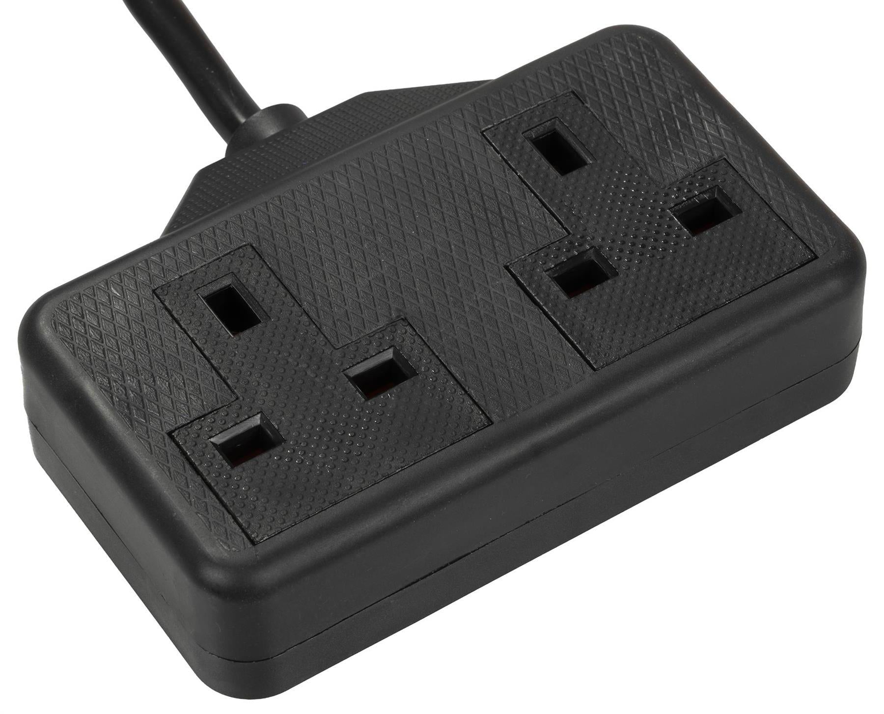 2 Gang 15m High Impact ABS Mains Extension Lead Socket 13A - Black