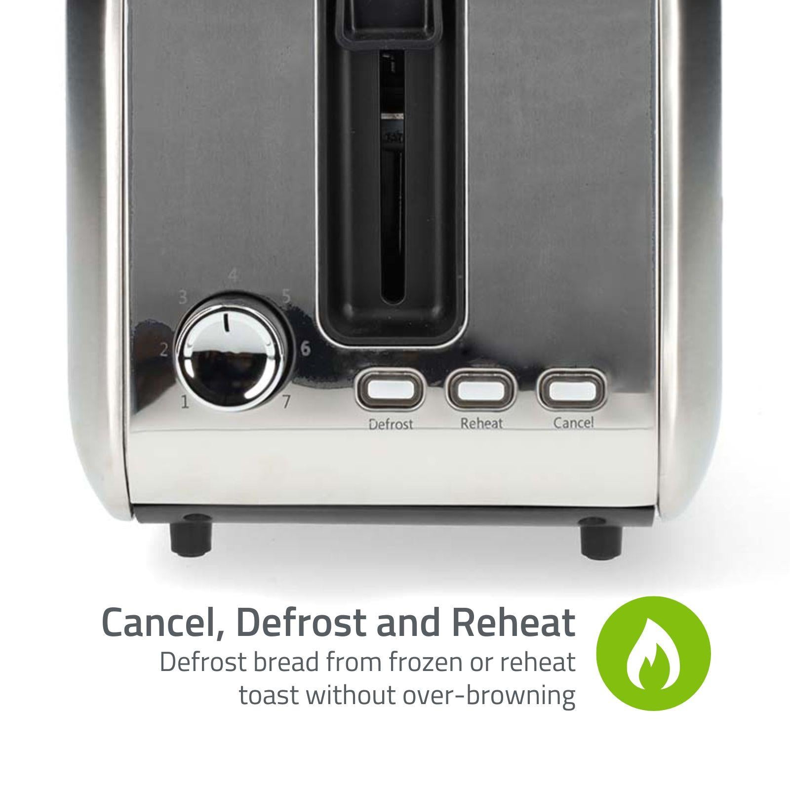 Nedis 2 Slice Toaster with Extra Long Slots, Bun Warming Rack, 7 Browning Settings, Defrost, Reheat and Cancel, 1450W