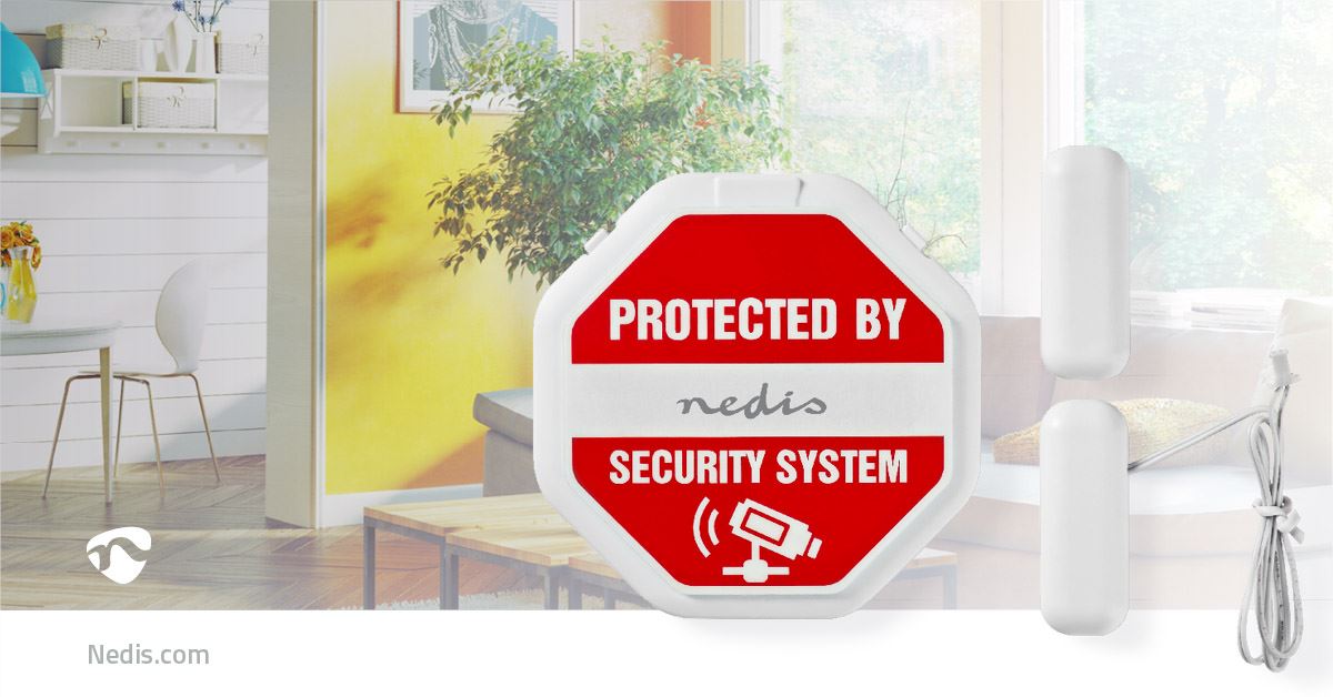 Nedis Ultra Thin Glass Break Vibration Shock Sensor Detector with 85dB Alarm & 2x Magnetic Sensors for Window Door Home Security - White