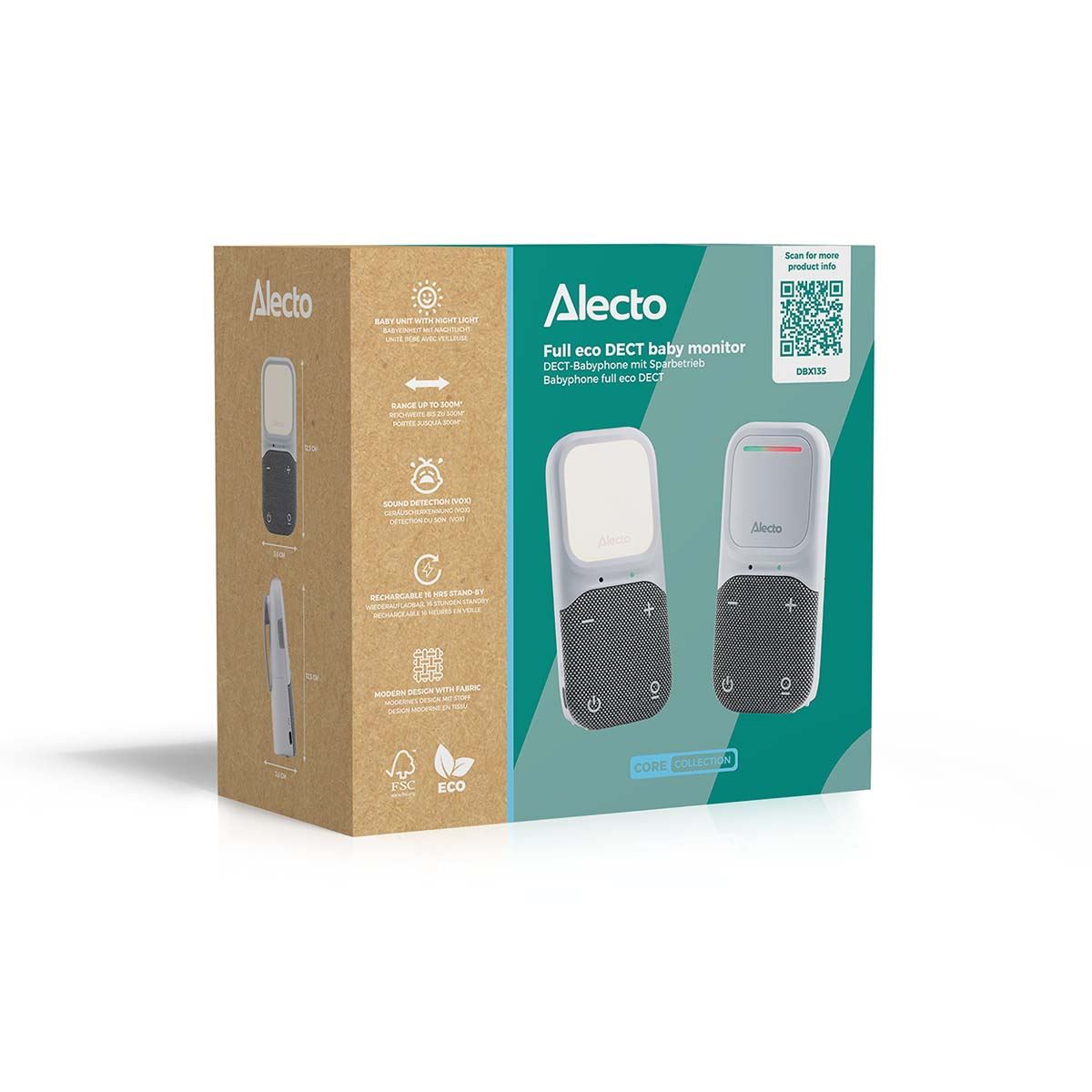 Alecto DBX135 Digital Audio Baby Monitor, Parent Unit with Rechargeable Battery, Night Light, Long Range, Digital Transmission, Crystal-Clear Sound, Plug & Play, Sound Indicator & Alerts