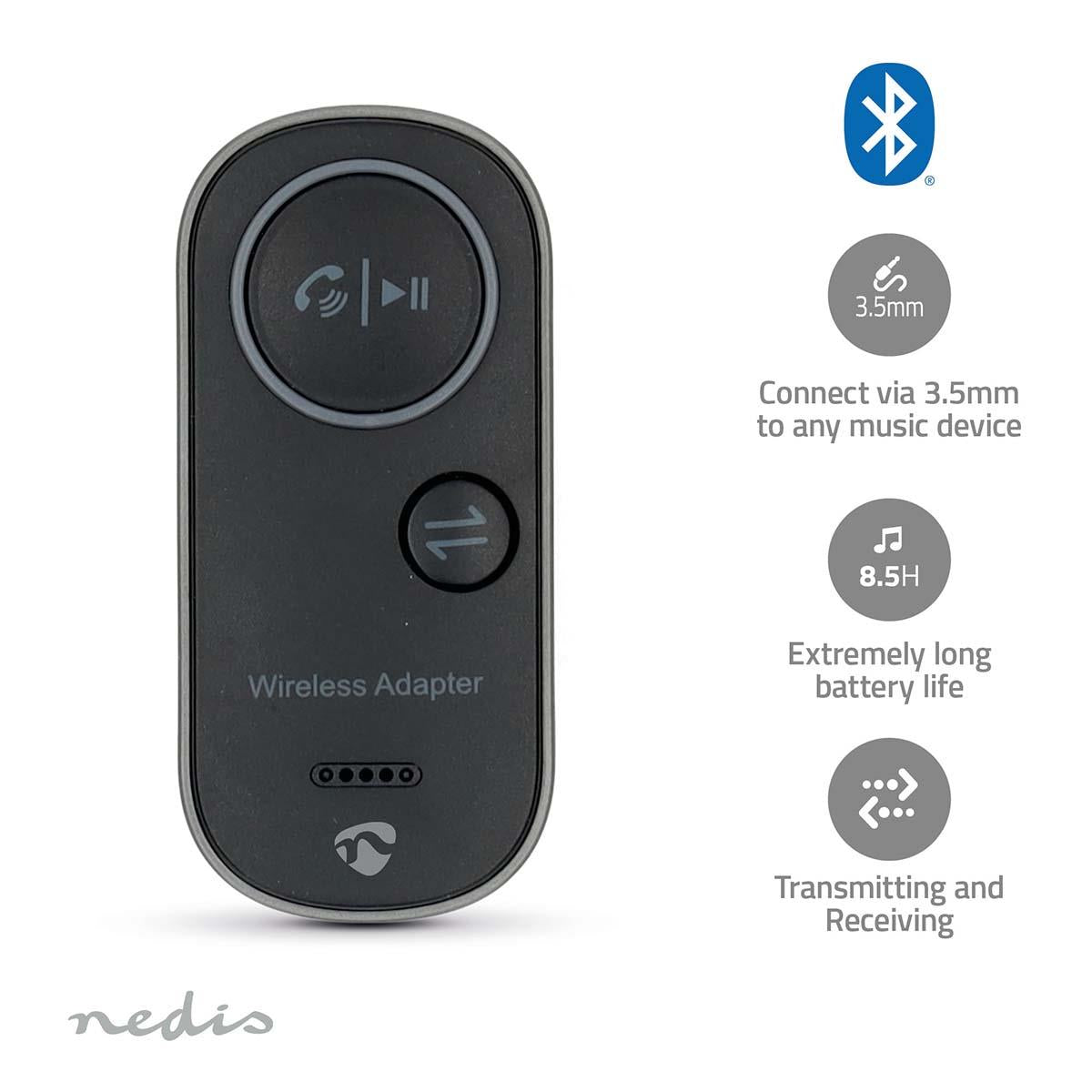 Nedis Bluetooth® Transmitter Receiver | Audio / video / data connections input: USB-C™ Female | Audio / video / data connections output: 1x 3.5 mm | SBC | Up to 1 Device | Maximum battery play time: 8.5 hrs | Black