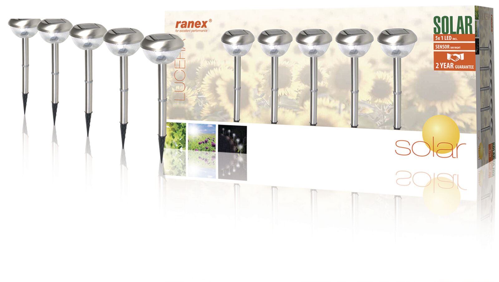 Ranex LED Solar Garden Lights with Pins IP44 Brushed Stainless Steel - 5 Pack